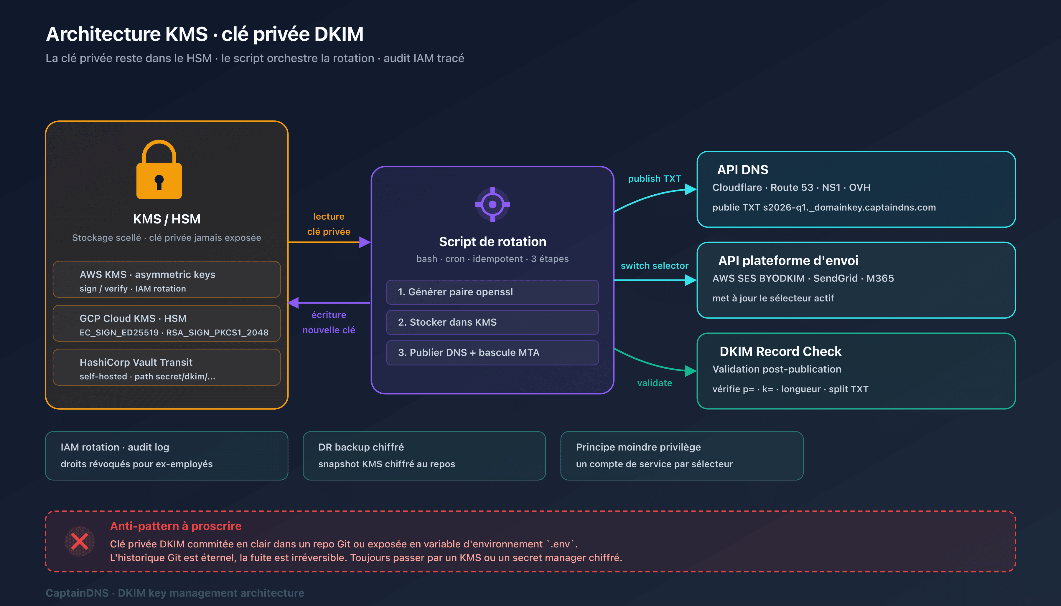 Architecture de stockage clé privée DKIM avec KMS managé, Vault Transit et fichier PEM chiffré