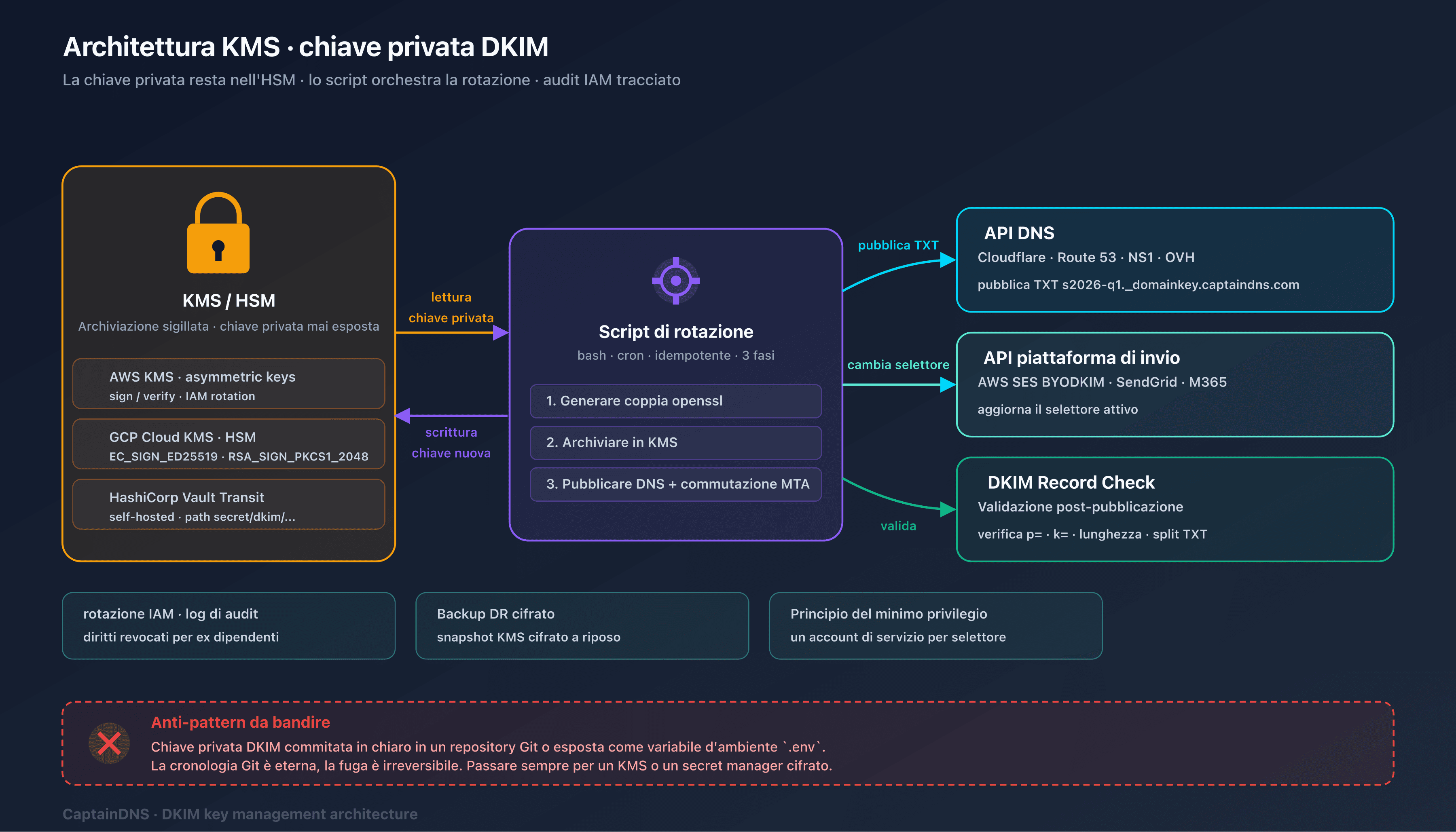 Architettura di archiviazione della chiave privata DKIM con KMS gestito, Vault Transit e file PEM cifrato
