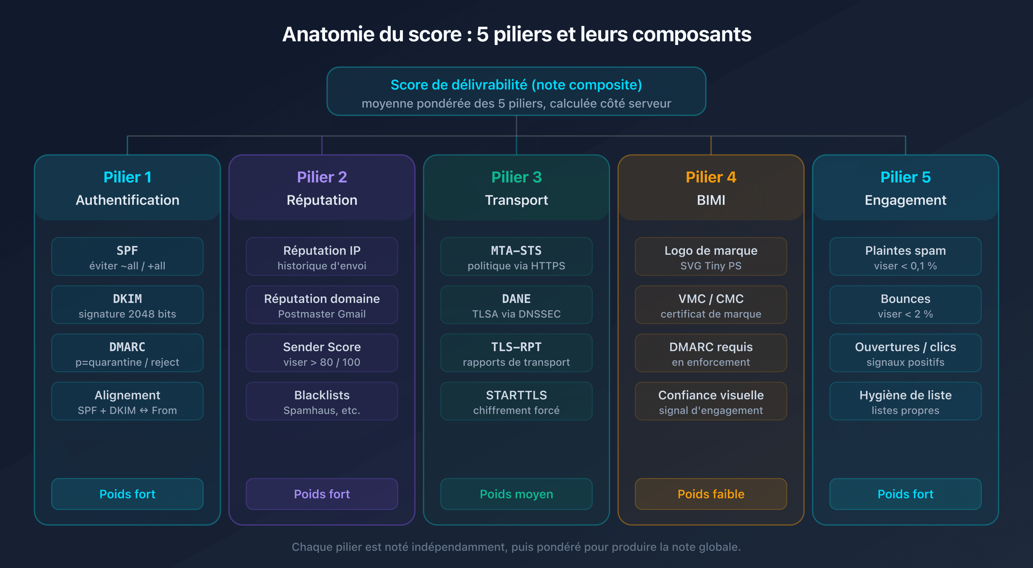 Schéma de l'anatomie du score de délivrabilité email décomposé en cinq piliers avec leurs composantes : SPF DKIM DMARC et alignement, réputation IP et domaine et Sender Score, MTA-STS DANE TLS-RPT, BIMI et VMC, engagement plaintes et bounces