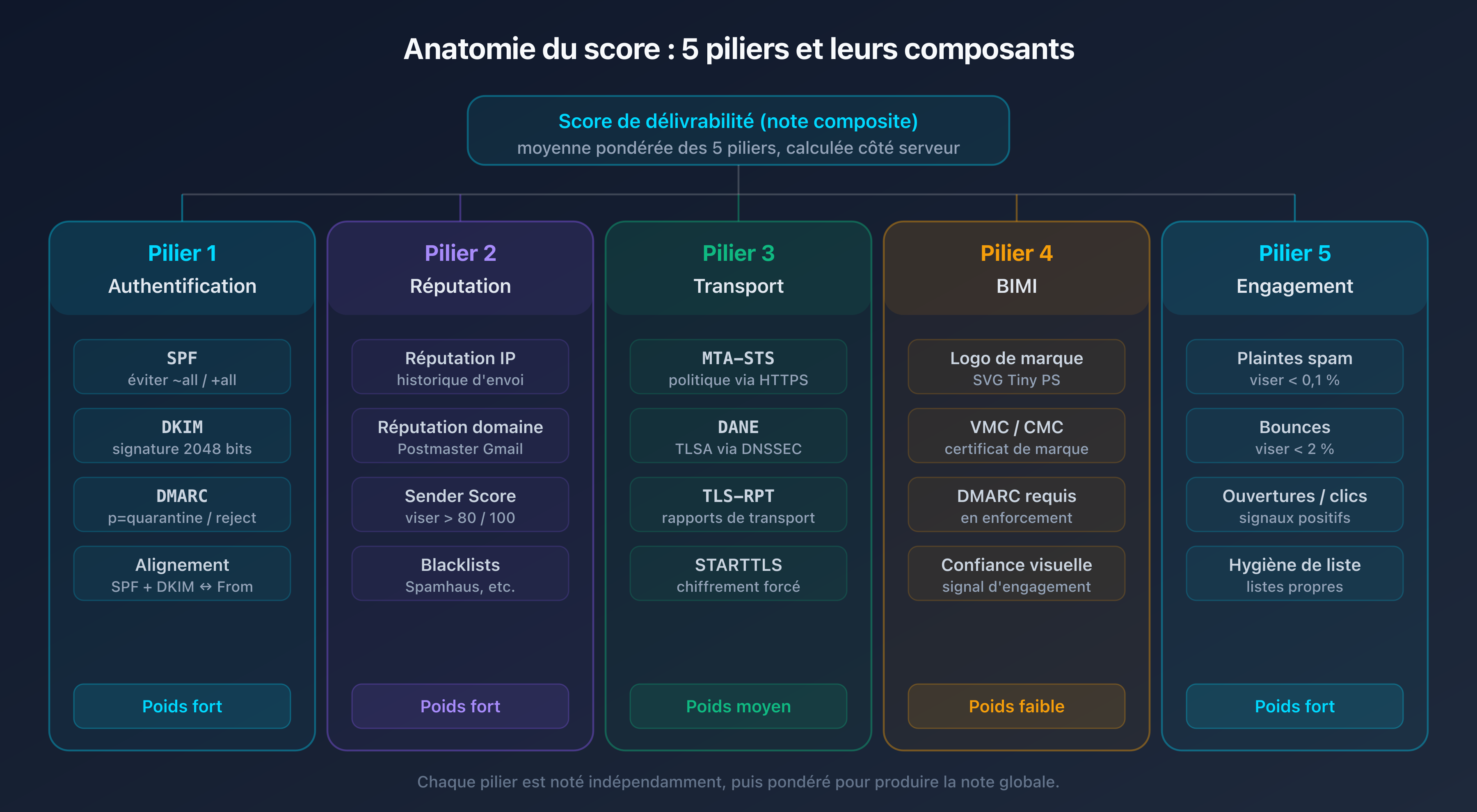 Schéma de l'anatomie du score de délivrabilité email décomposé en cinq piliers avec leurs composantes : SPF DKIM DMARC et alignement, réputation IP et domaine et Sender Score, MTA-STS DANE TLS-RPT, BIMI et VMC, engagement plaintes et bounces