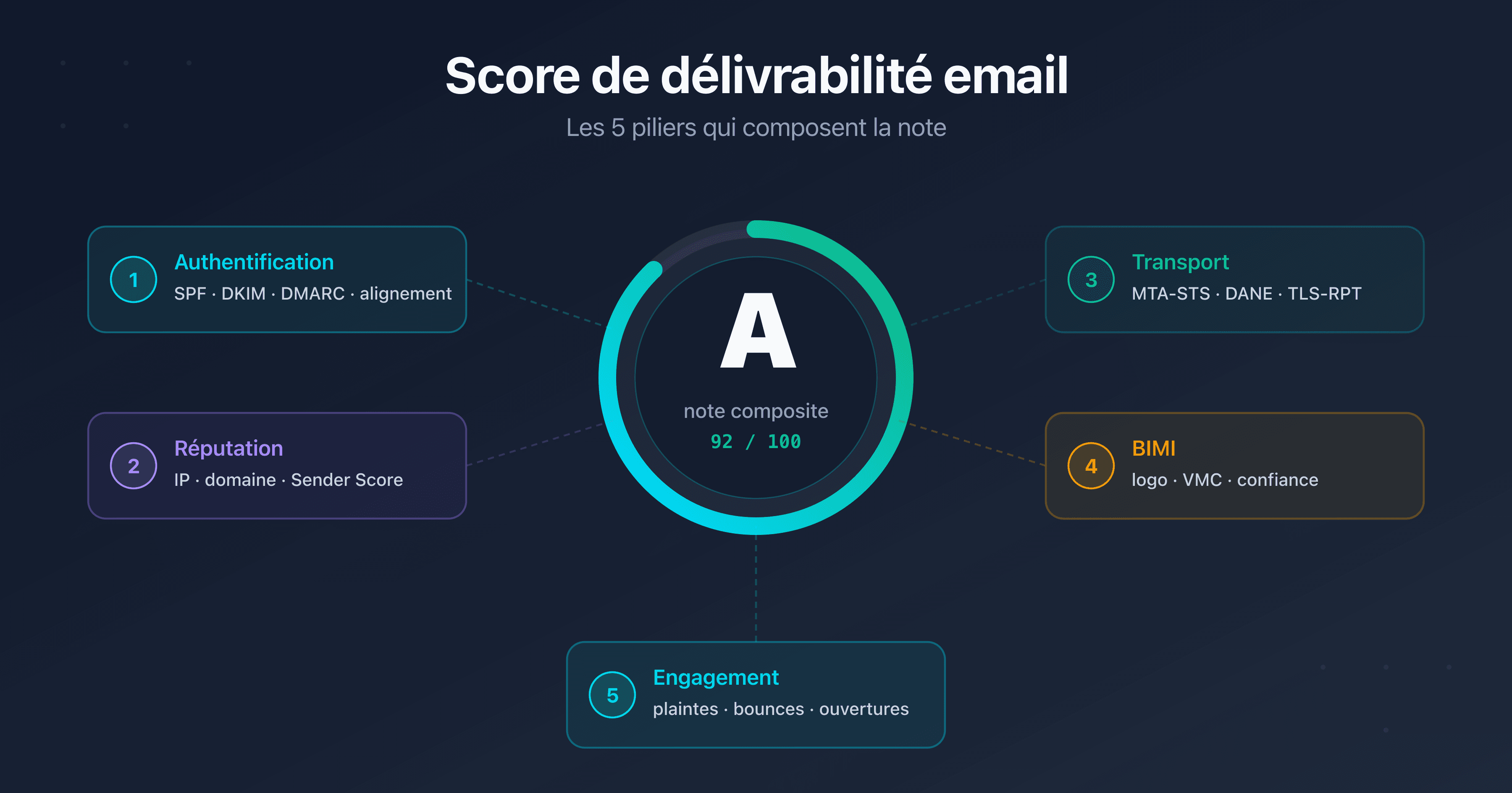 Jauge centrale de score de délivrabilité email entourée des cinq piliers : authentification SPF DKIM DMARC, réputation IP et domaine, sécurité du transport MTA-STS DANE TLS-RPT, BIMI et engagement