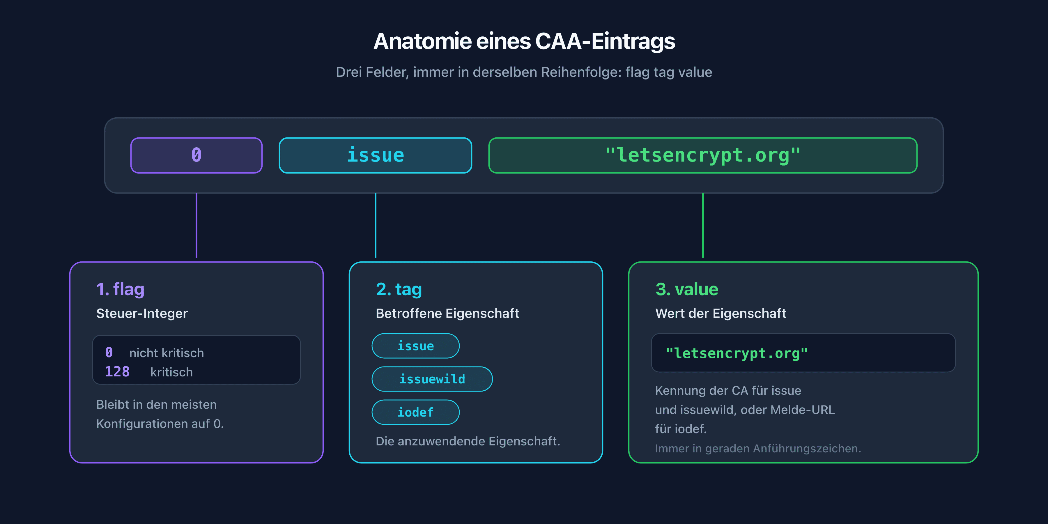 Anatomie eines CAA-Eintrags mit den annotierten Feldern flag, tag und value
