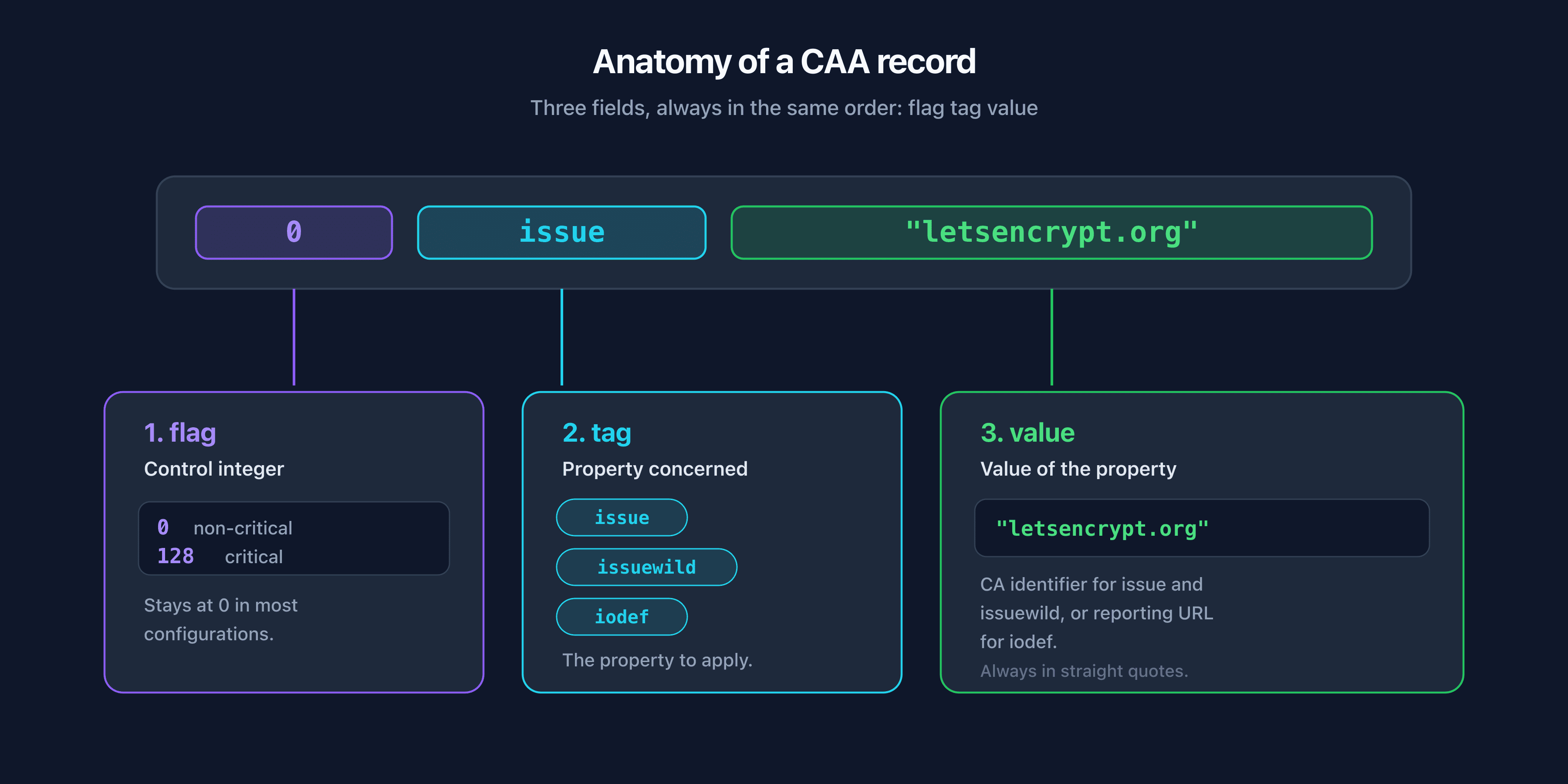 Anatomy of a CAA record with the flag, tag, and value fields annotated