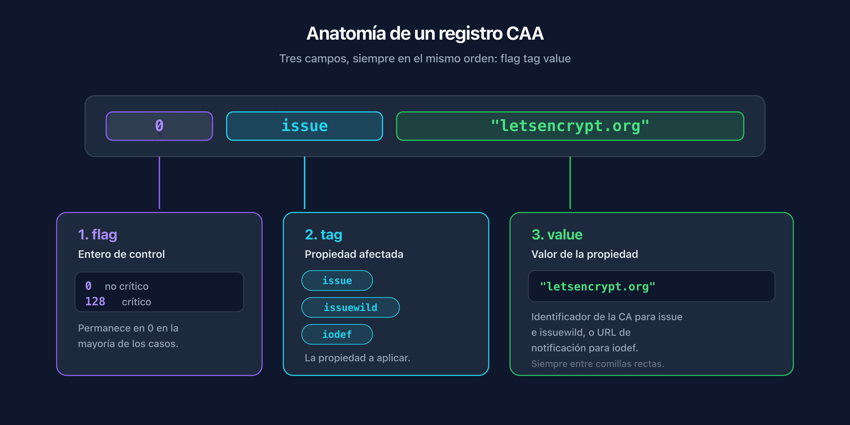Anatomía de un registro CAA con los campos flag, tag y value anotados