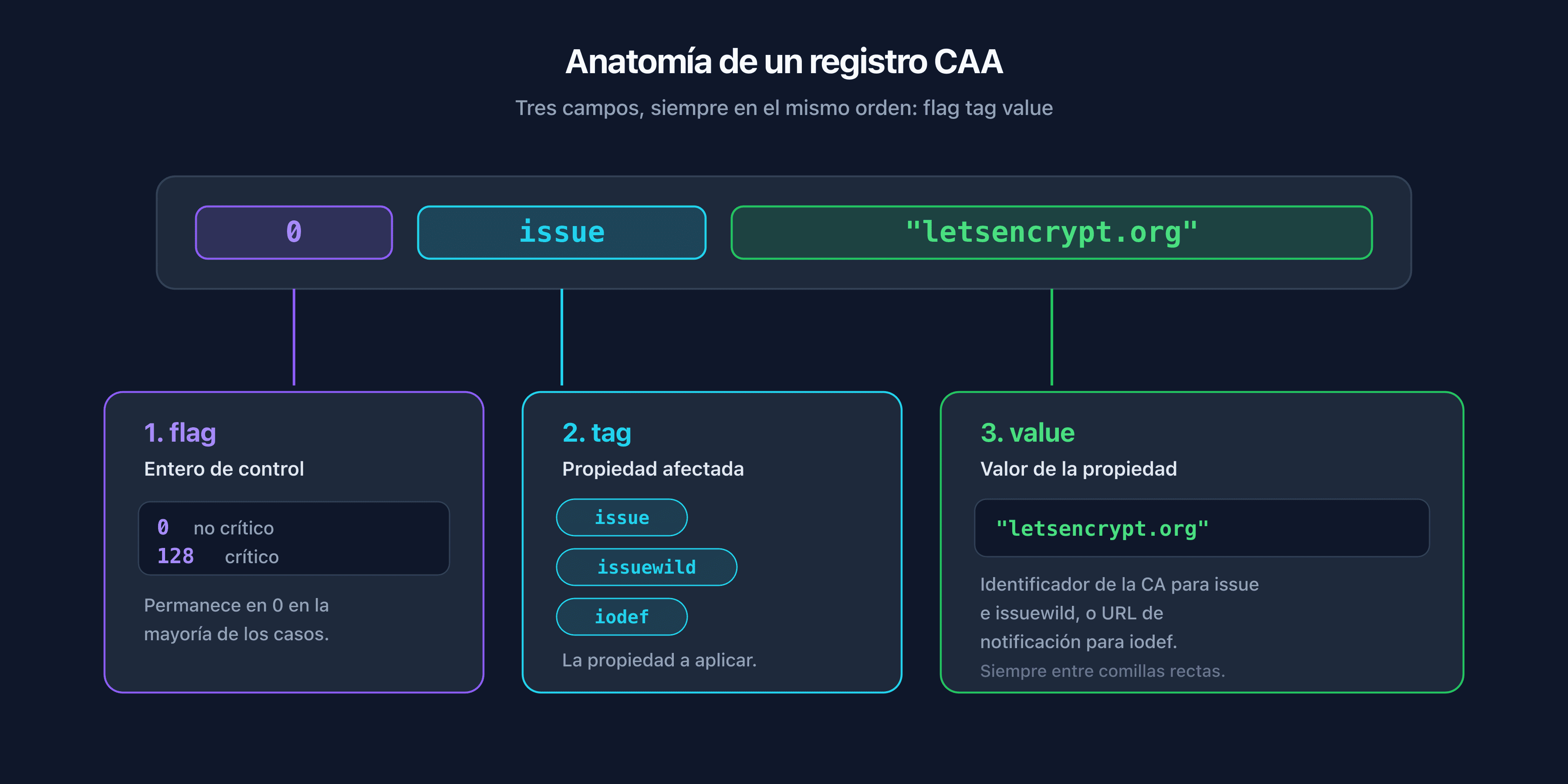 Anatomía de un registro CAA con los campos flag, tag y value anotados