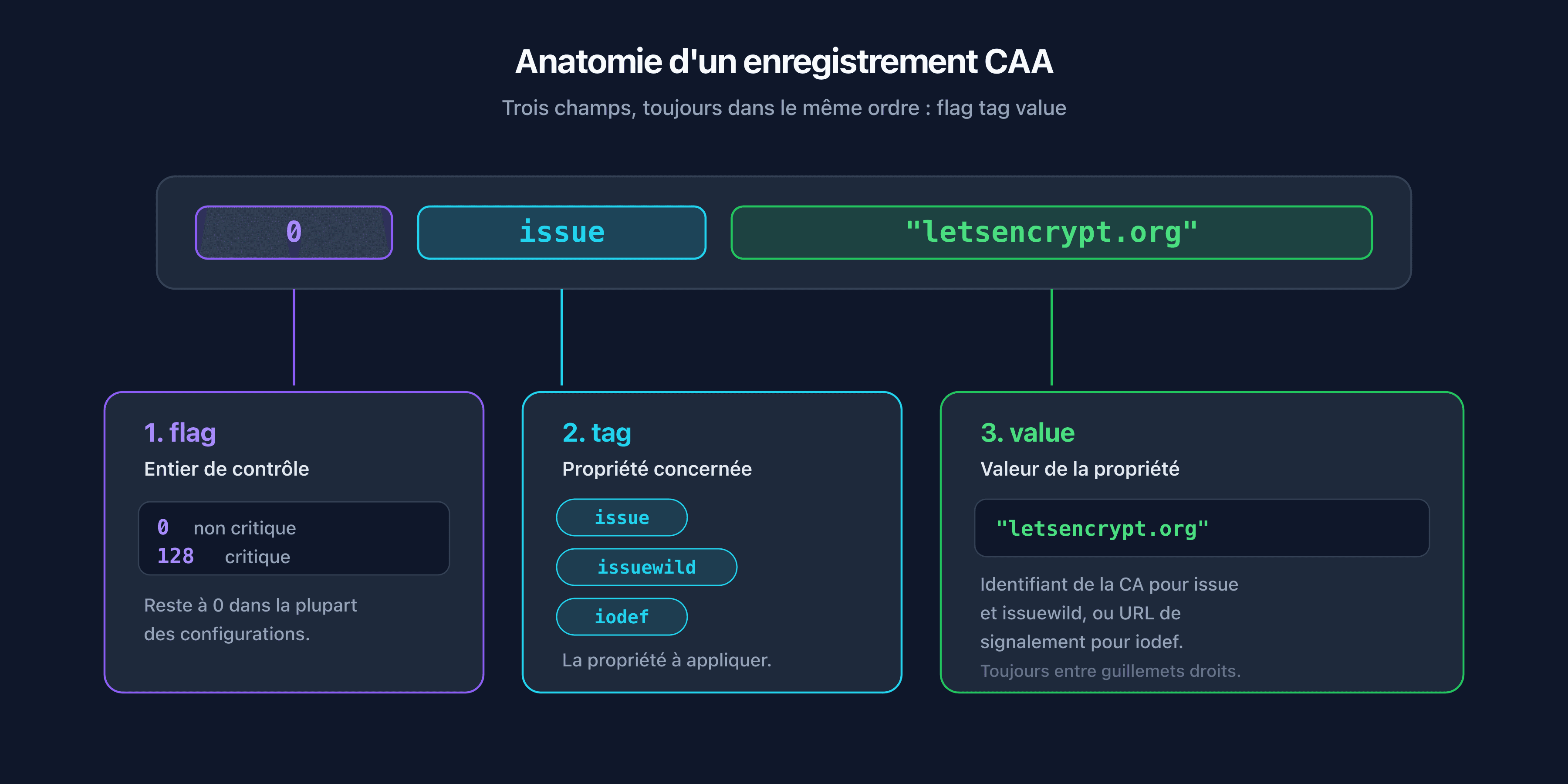 Anatomie d'un enregistrement CAA avec les champs flag, tag et value annotés