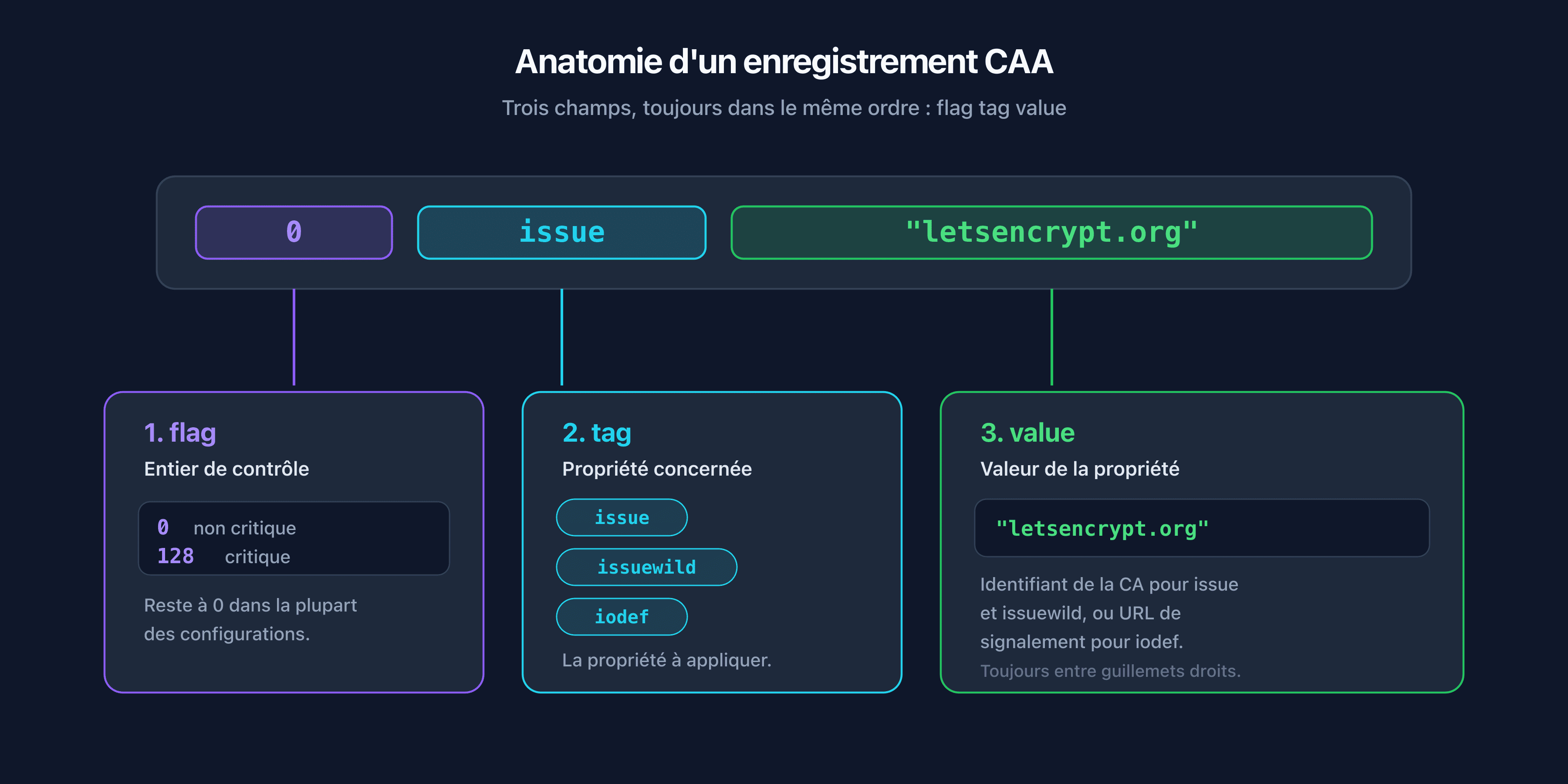 Anatomie d'un enregistrement CAA avec les champs flag, tag et value annotés