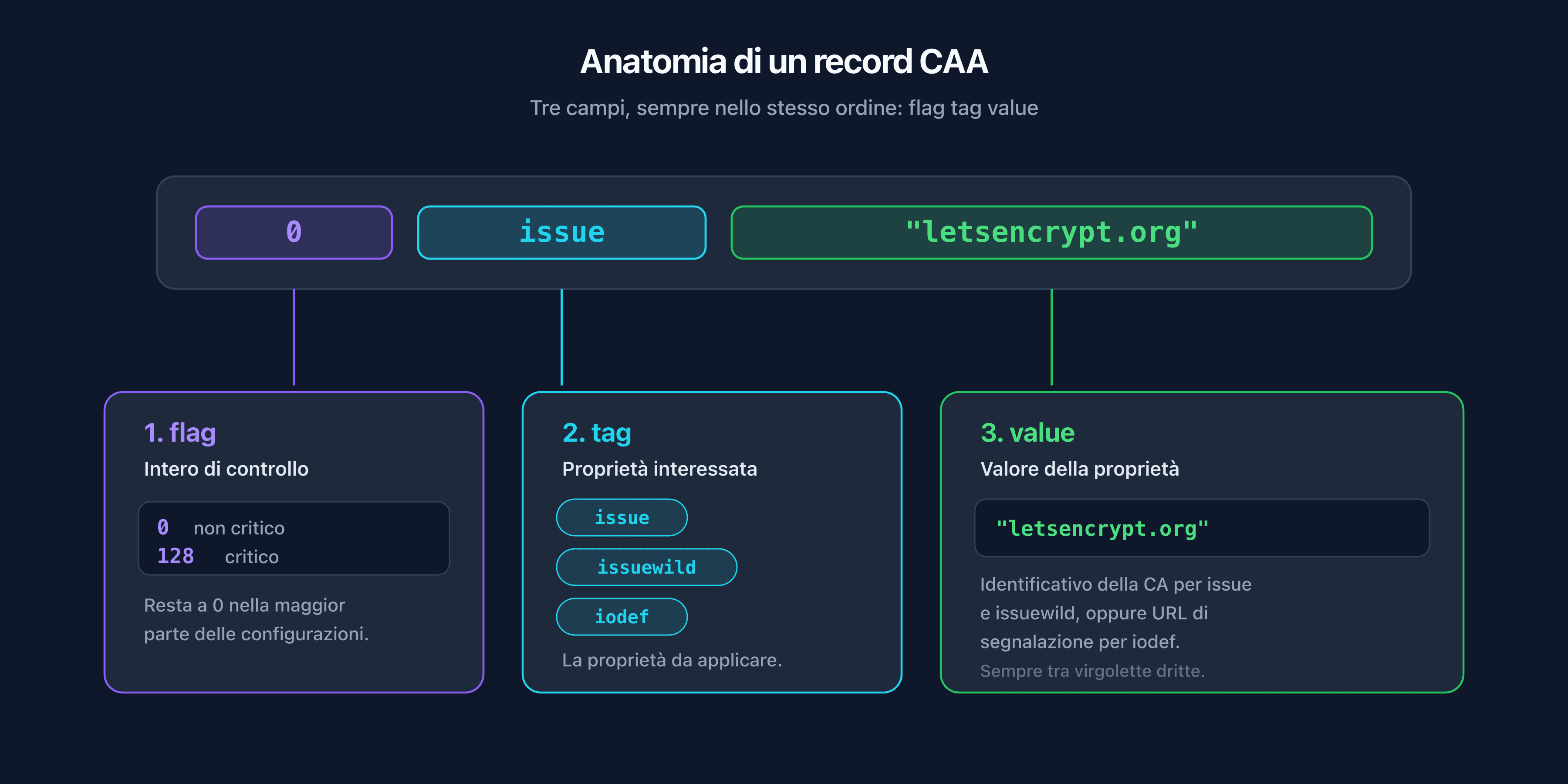 Anatomia di un record CAA con i campi flag, tag e value annotati