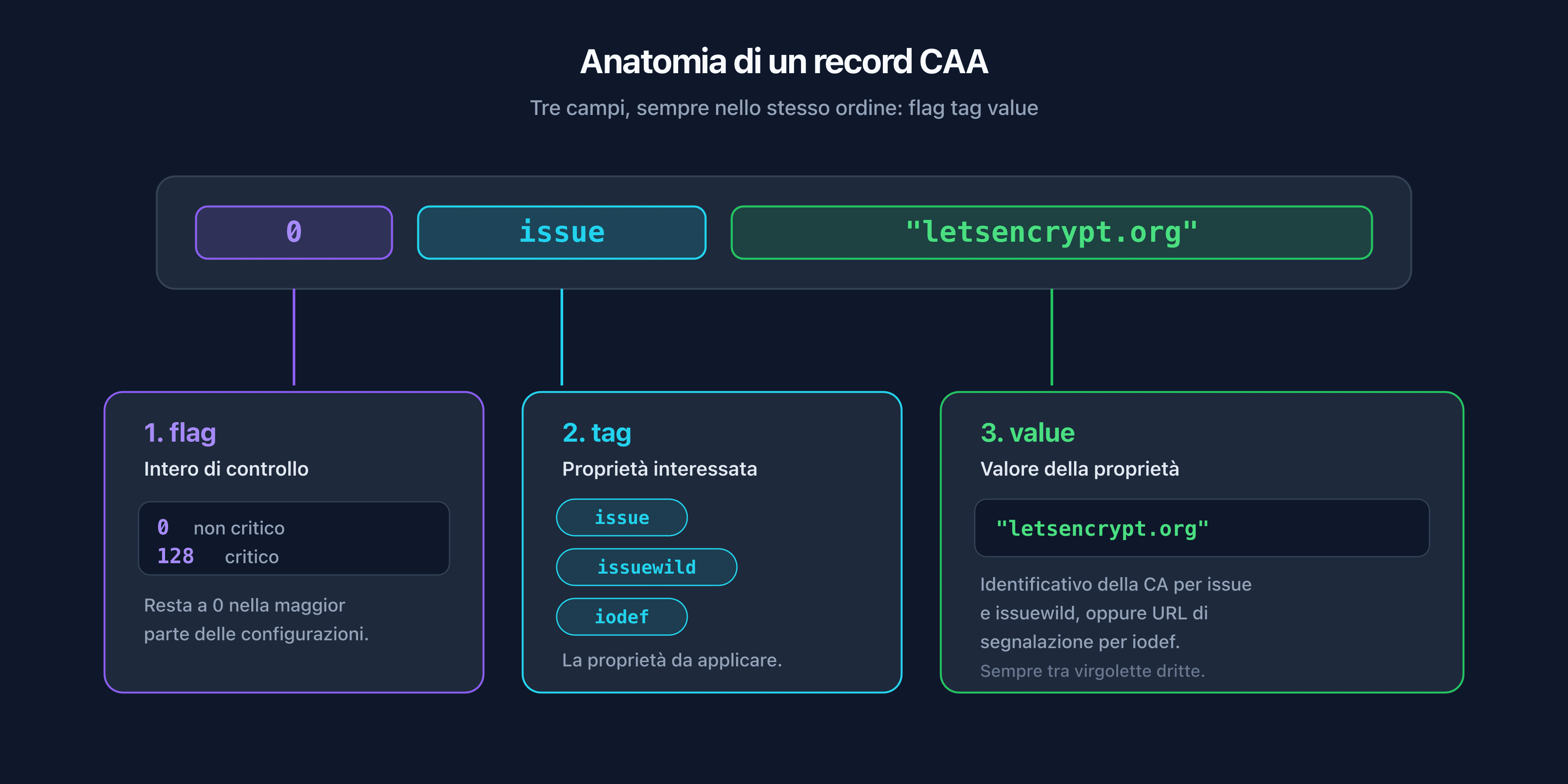 Anatomia di un record CAA con i campi flag, tag e value annotati