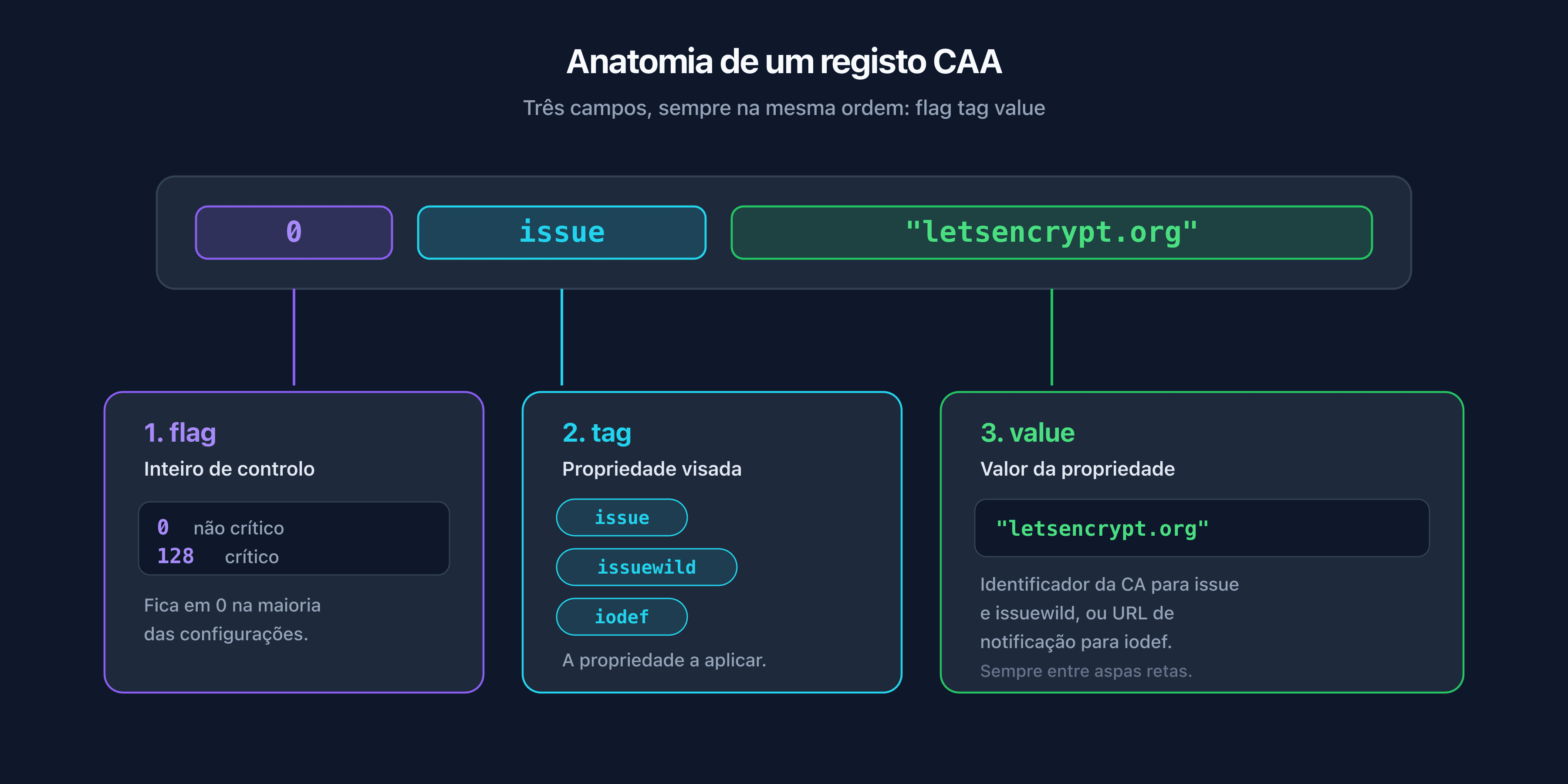 Anatomia de um registo CAA com os campos flag, tag e value anotados