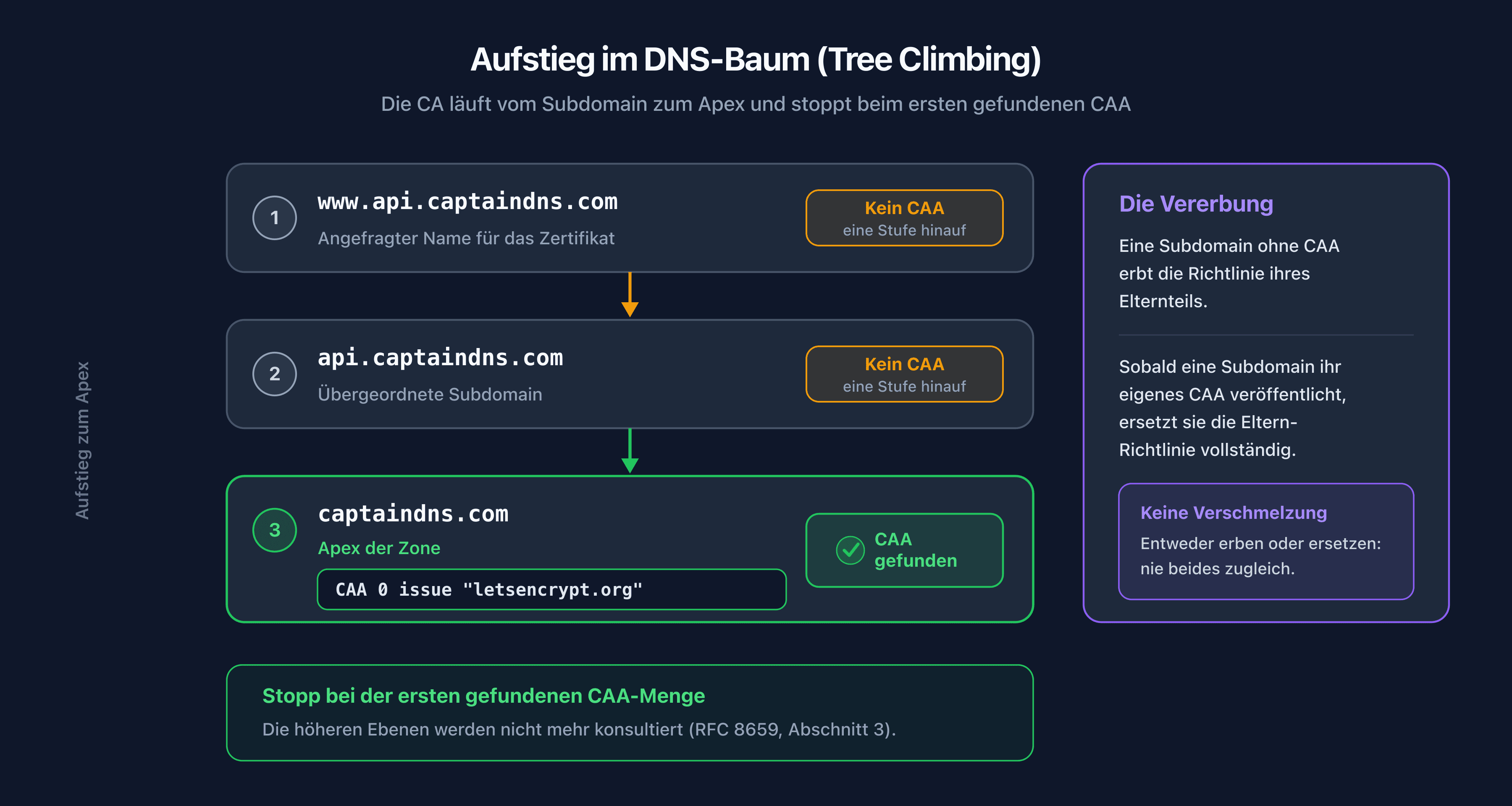 Aufstieg im DNS-Baum für die CAA-Validierung, von der Subdomain zum Apex, mit Stopp beim ersten gefundenen Eintrag