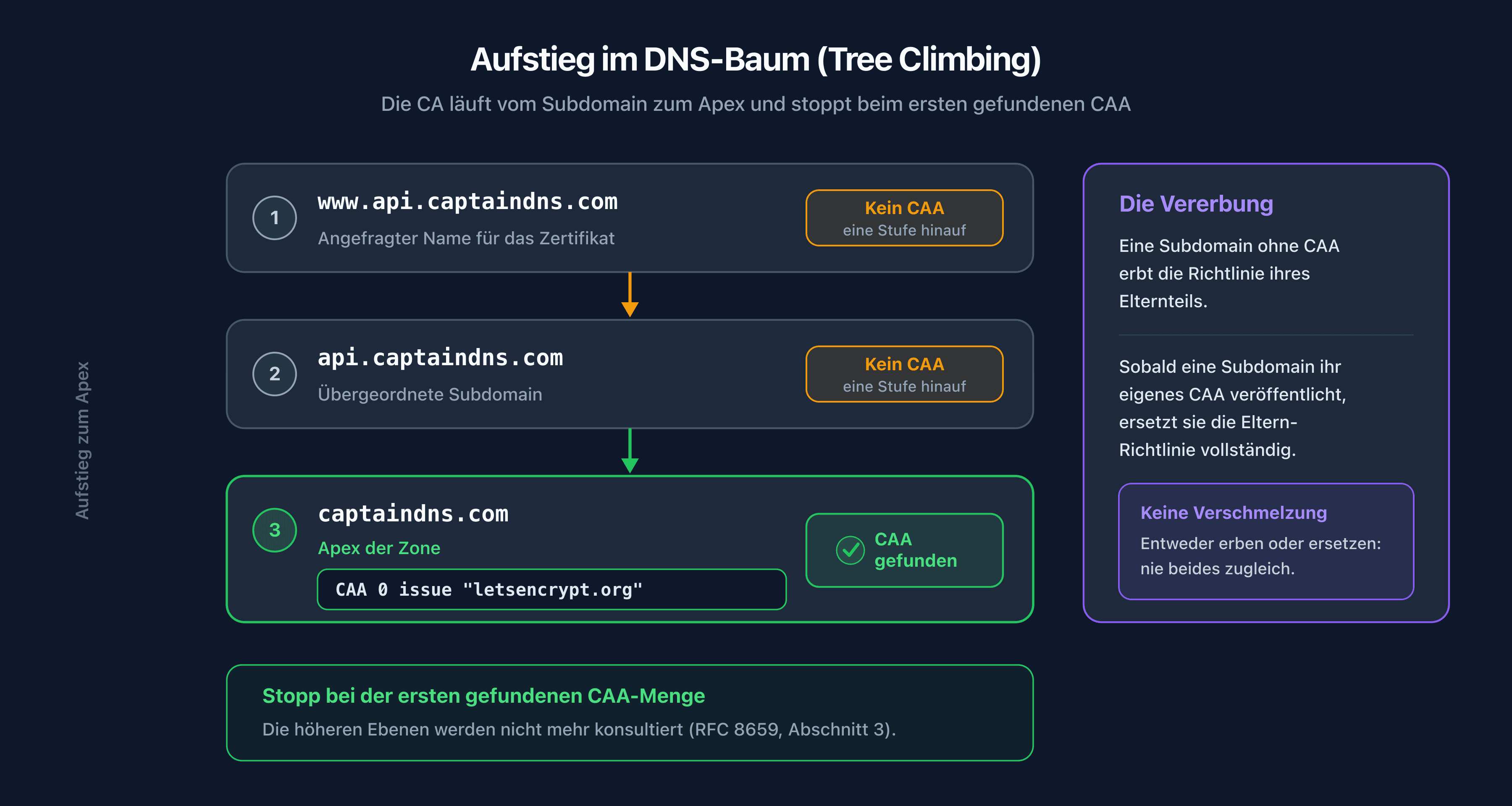 Aufstieg im DNS-Baum für die CAA-Validierung, von der Subdomain zum Apex, mit Stopp beim ersten gefundenen Eintrag