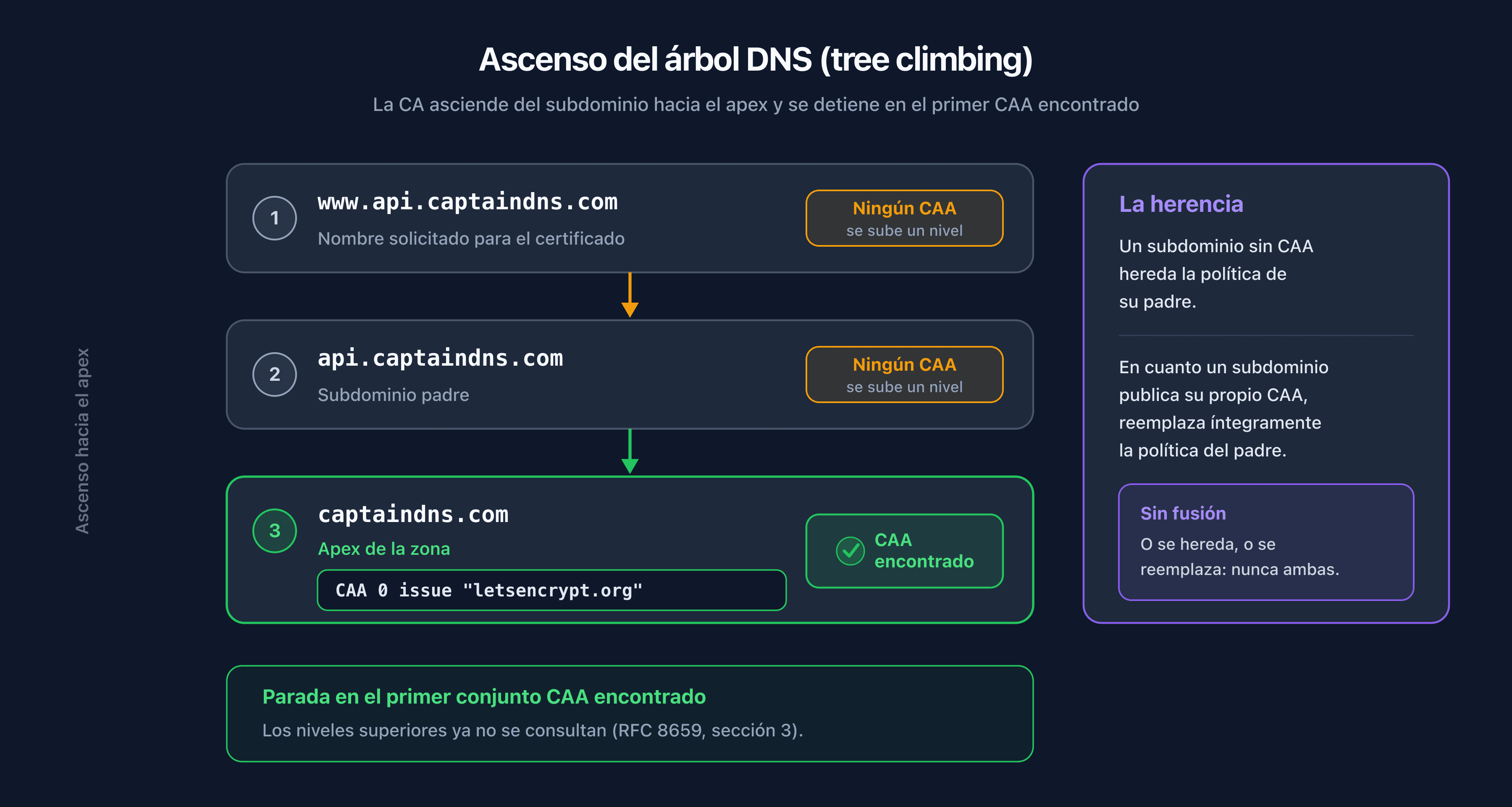 Ascenso del árbol DNS para la validación CAA, del subdominio hacia el apex, con parada en el primer registro encontrado