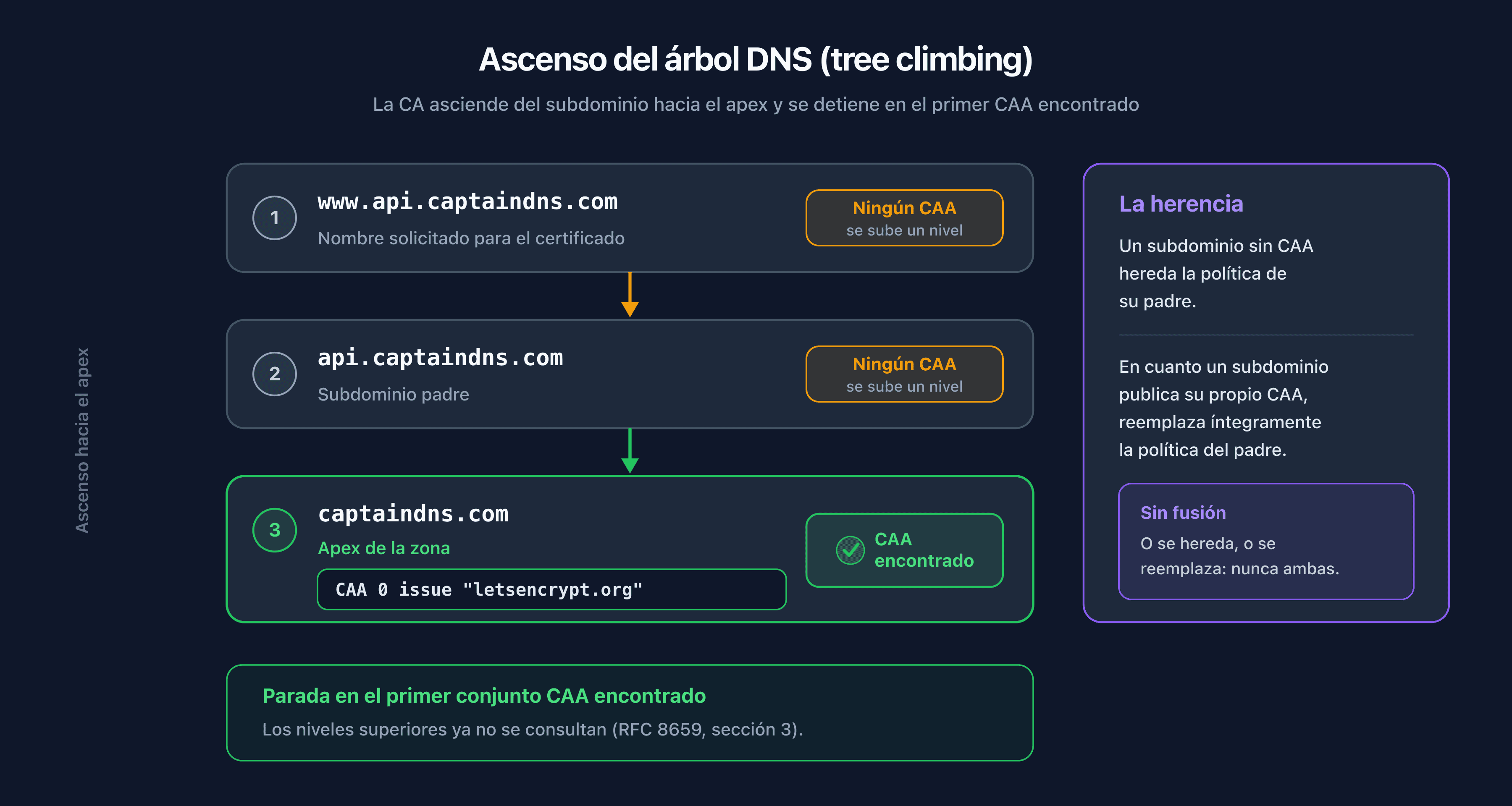 Ascenso del árbol DNS para la validación CAA, del subdominio hacia el apex, con parada en el primer registro encontrado