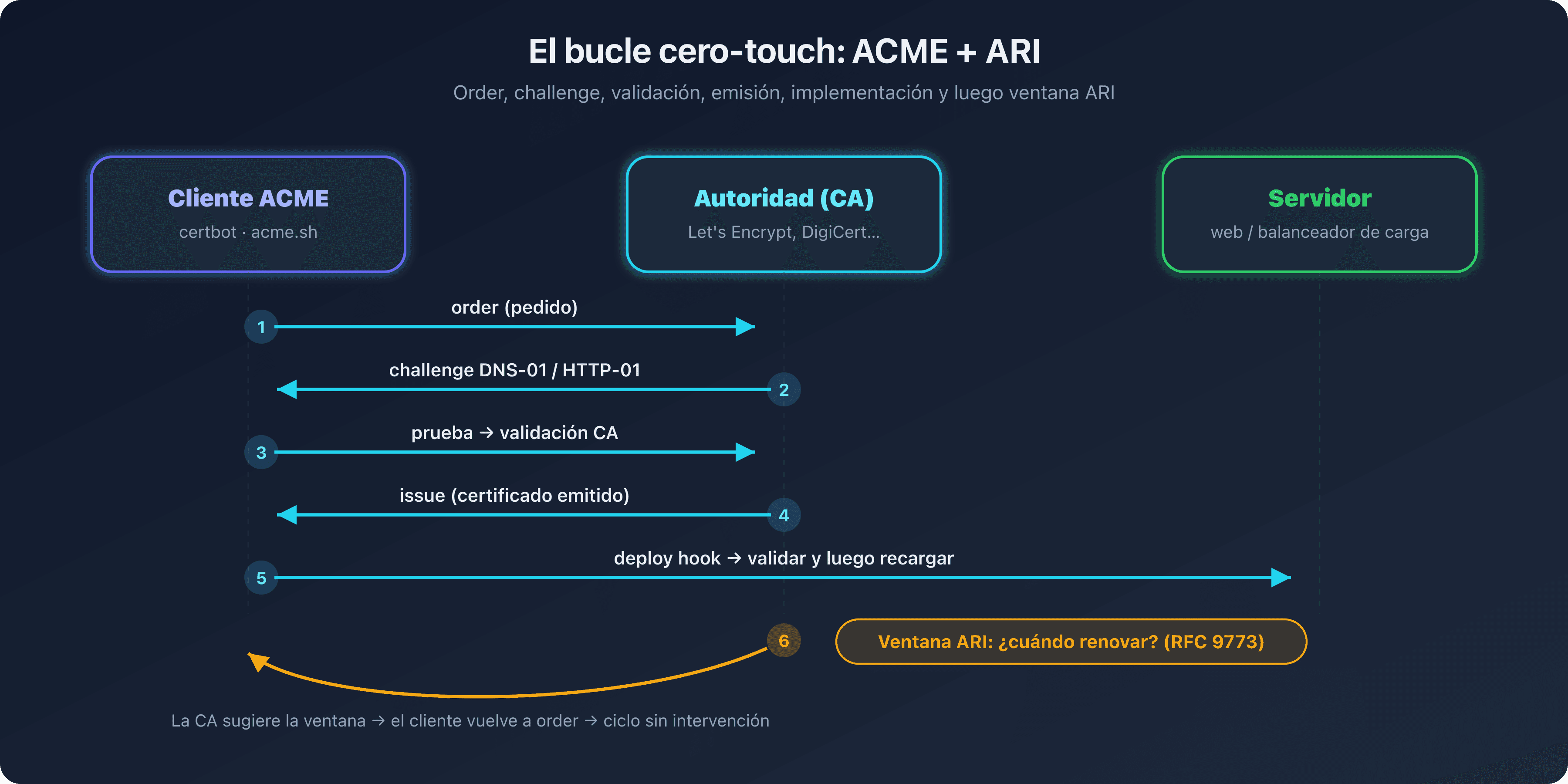 Bucle de automatización ACME y ARI que enlaza el cliente, la autoridad de certificación y la ventana de renovación sugerida, ilustrando el ciclo cero-touch de renovación de los certificados