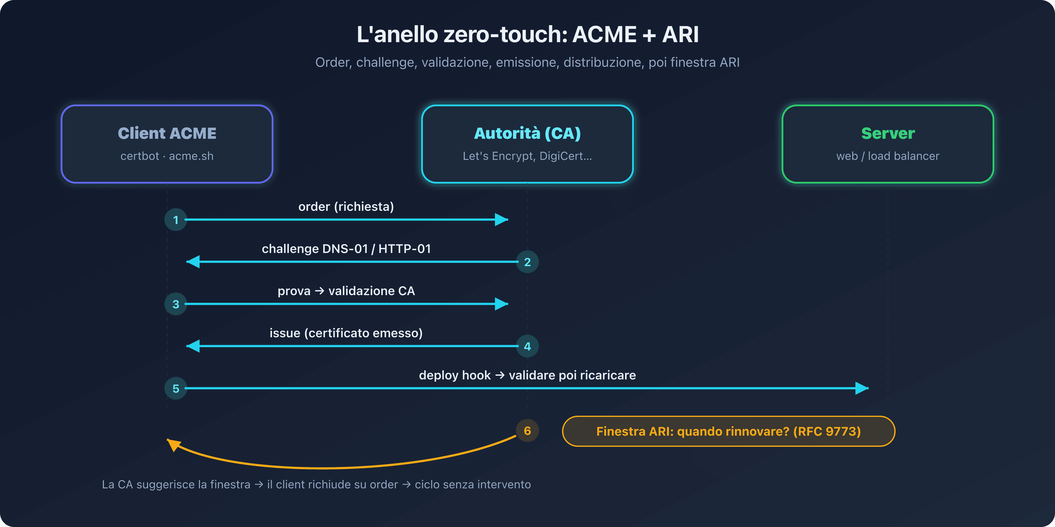 Anello di automazione ACME e ARI che collega il client, l'autorità di certificazione e la finestra di rinnovo suggerita, che illustra il ciclo zero-touch di rinnovo dei certificati