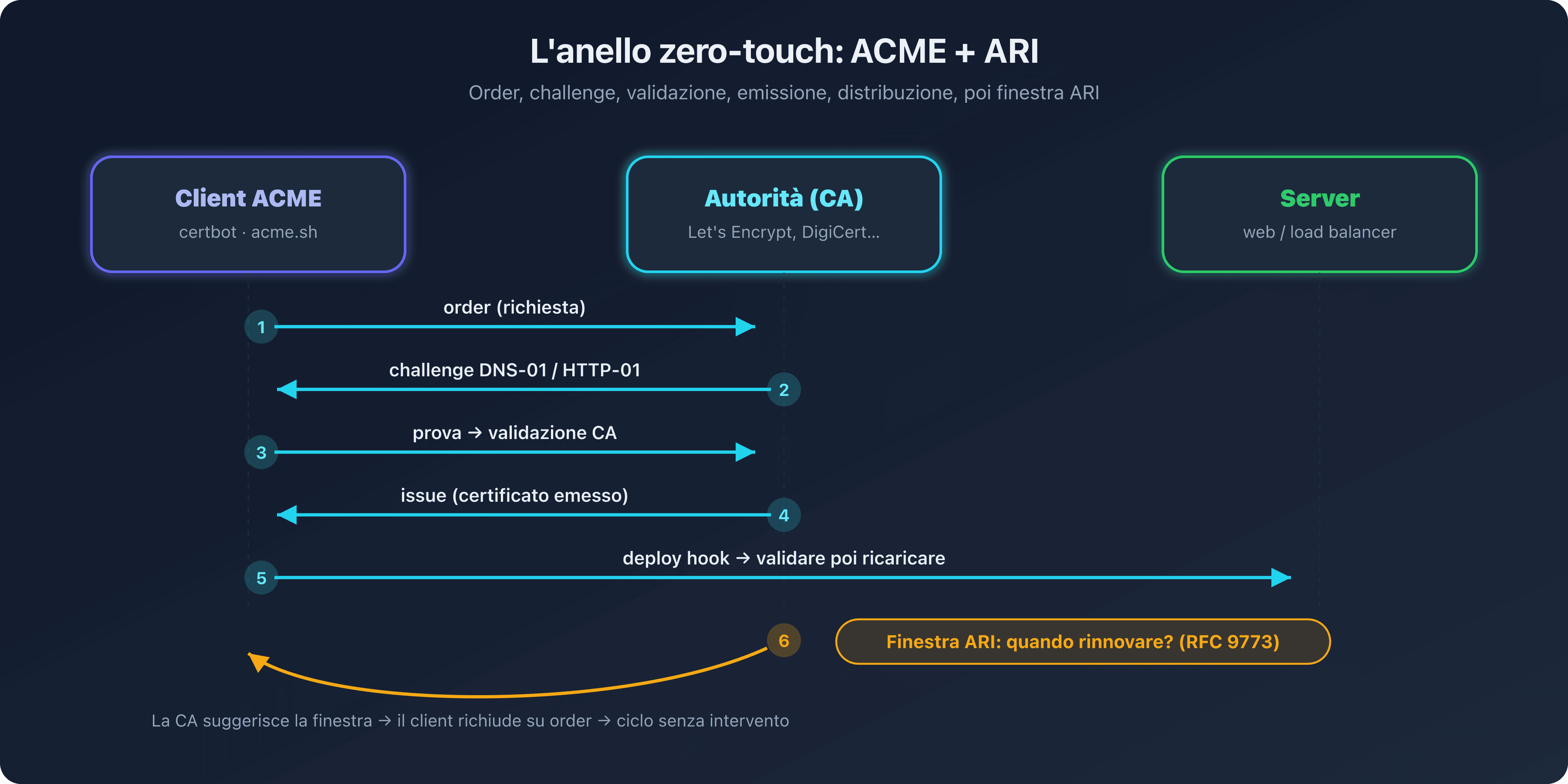 Anello di automazione ACME e ARI che collega il client, l'autorità di certificazione e la finestra di rinnovo suggerita, che illustra il ciclo zero-touch di rinnovo dei certificati