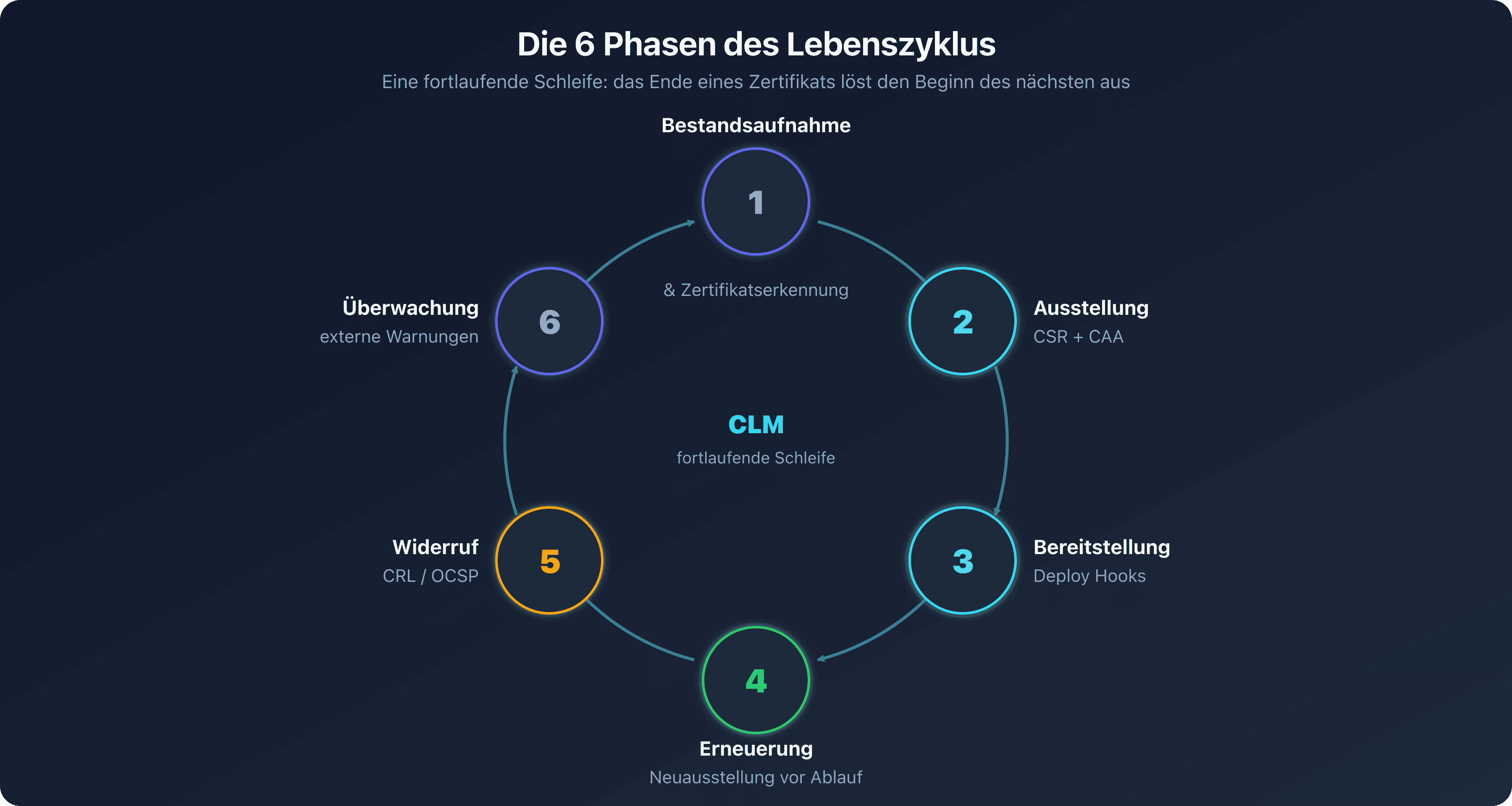 Kreis der sechs Phasen des Lebenszyklus eines Zertifikats, Bestandsaufnahme, Ausstellung, Bereitstellung, Erneuerung, Widerruf und Überwachung, die eine fortlaufende Schleife um die ACME-Automatisierung bilden