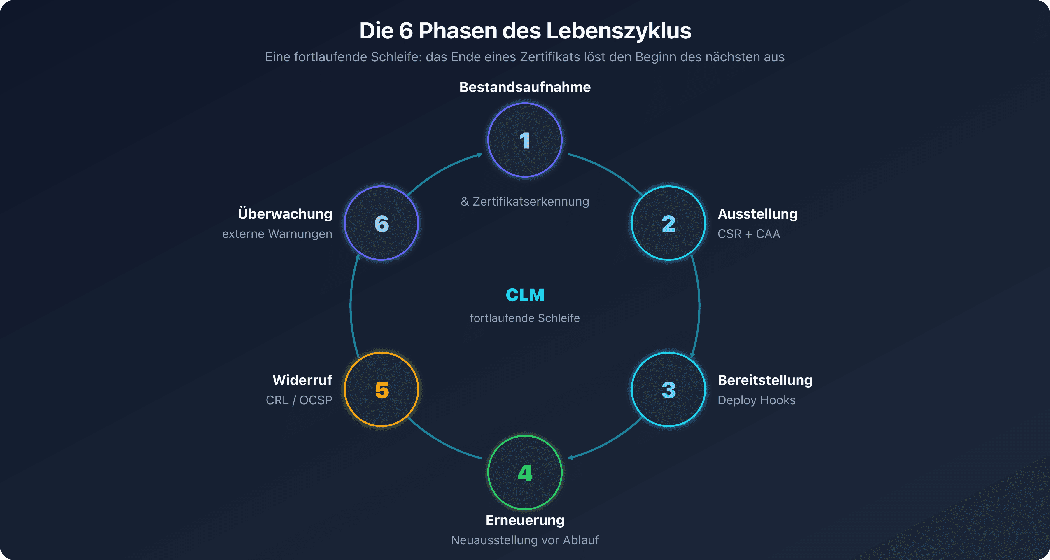 Kreis der sechs Phasen des Lebenszyklus eines Zertifikats, Bestandsaufnahme, Ausstellung, Bereitstellung, Erneuerung, Widerruf und Überwachung, die eine fortlaufende Schleife um die ACME-Automatisierung bilden
