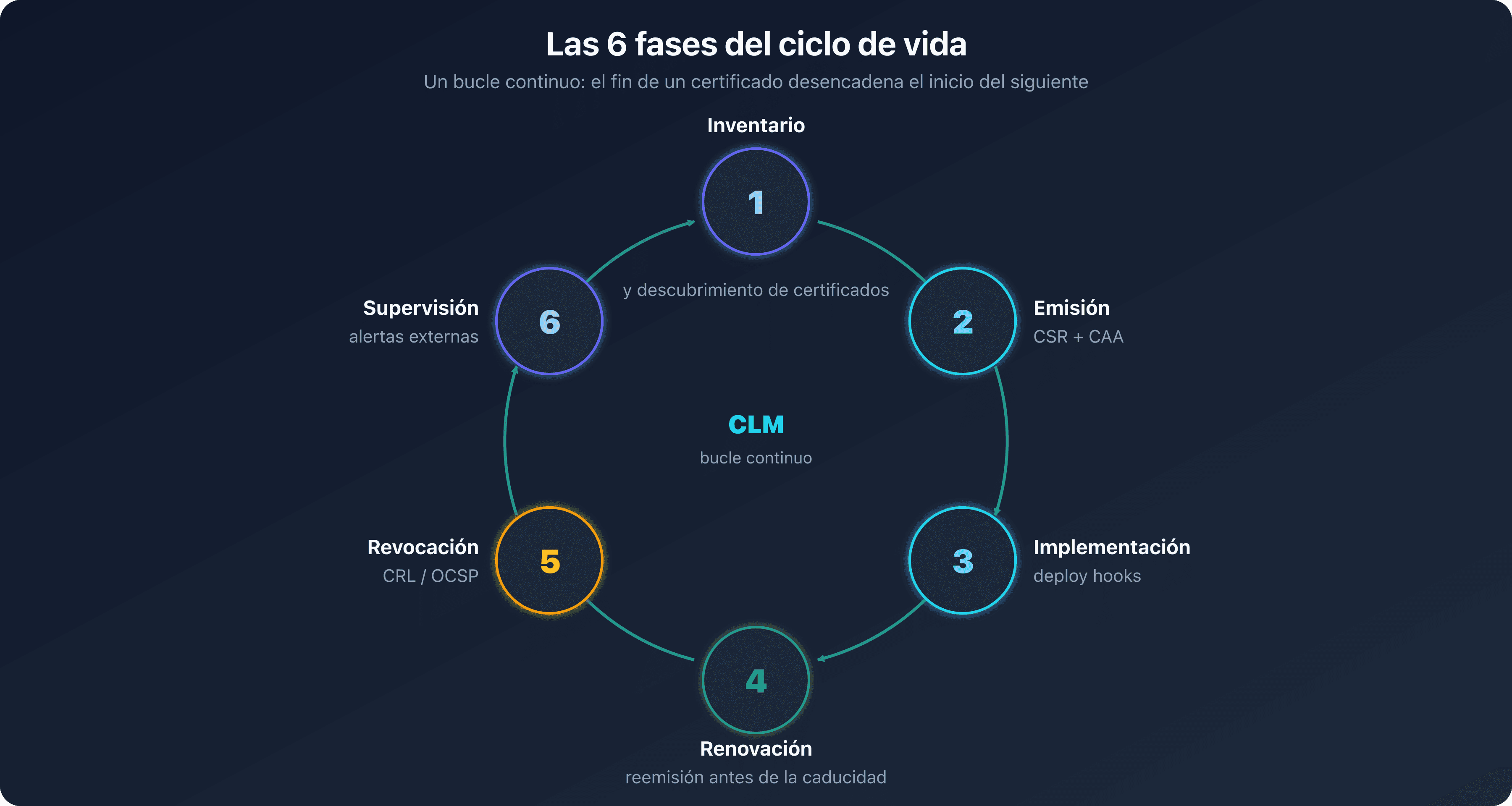Círculo de las seis fases del ciclo de vida de un certificado, inventario, emisión, implementación, renovación, revocación y supervisión, formando un bucle continuo alrededor de la automatización ACME