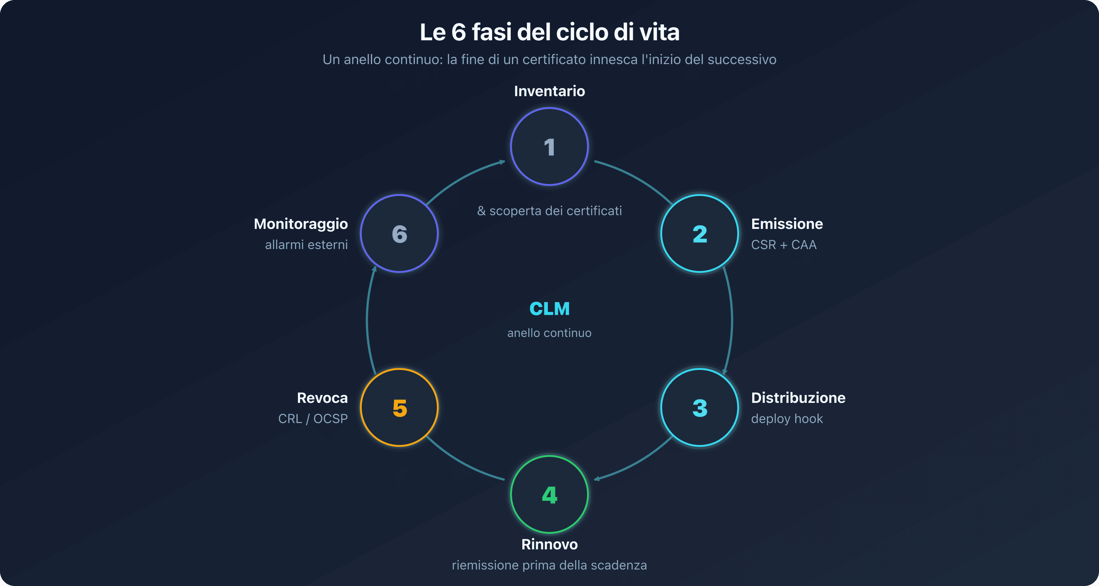 Cerchio delle sei fasi del ciclo di vita di un certificato, inventario, emissione, distribuzione, rinnovo, revoca e monitoraggio, che formano un anello continuo intorno all'automazione ACME
