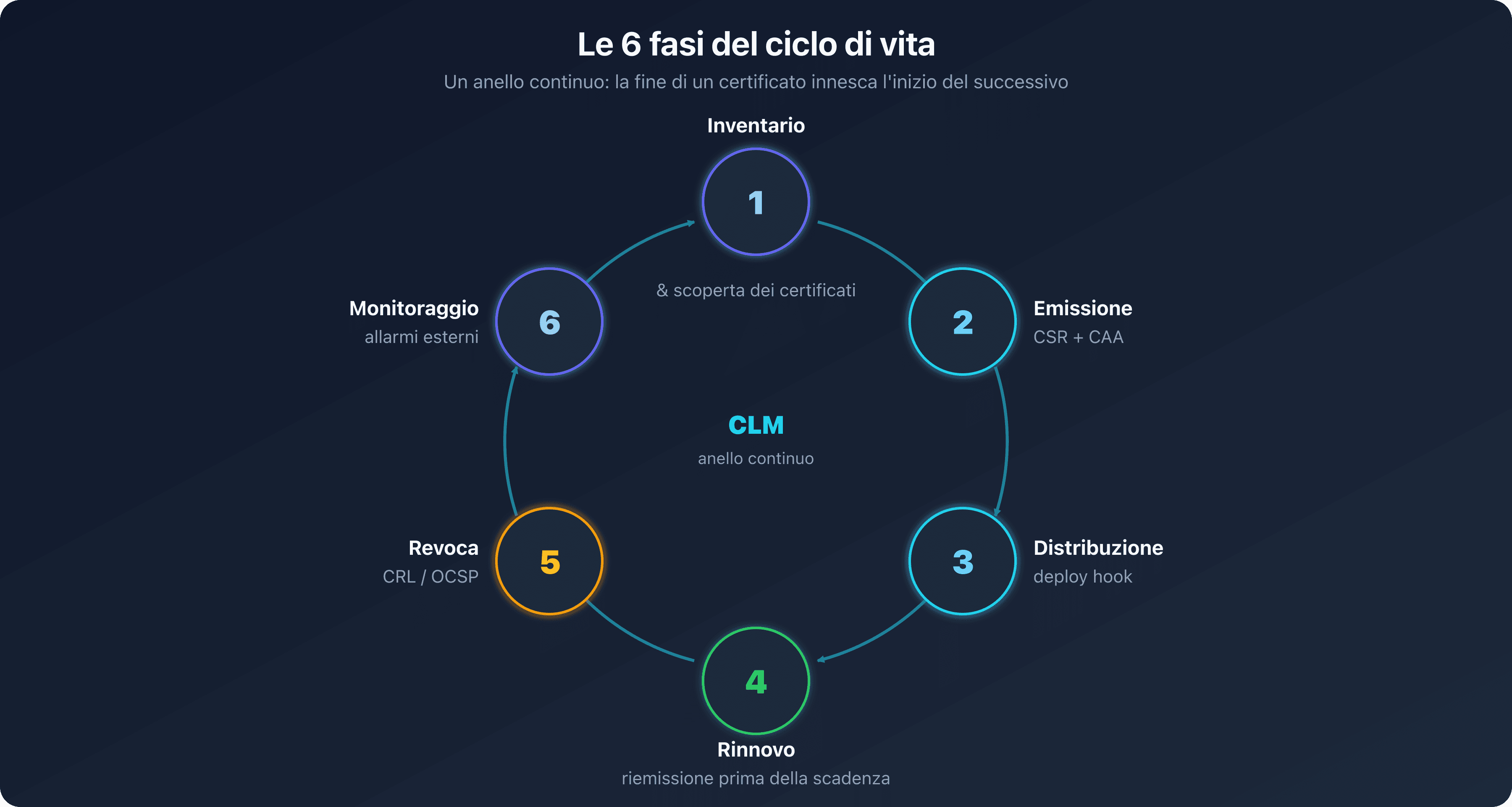 Cerchio delle sei fasi del ciclo di vita di un certificato, inventario, emissione, distribuzione, rinnovo, revoca e monitoraggio, che formano un anello continuo intorno all'automazione ACME