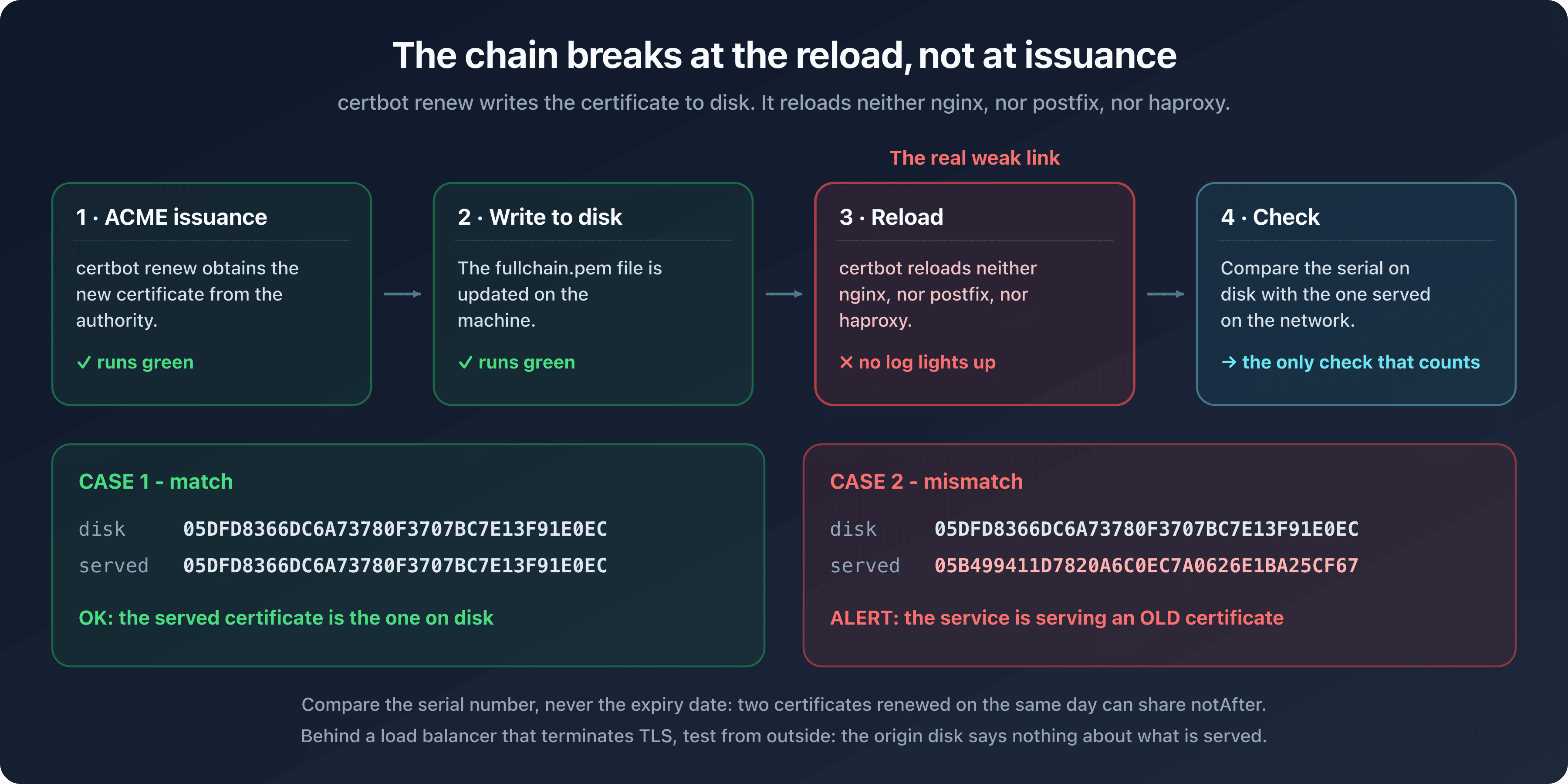 SSL/TLS certificate renewal chain, from issuance to disk write then service reload, with the check on the serial number actually served