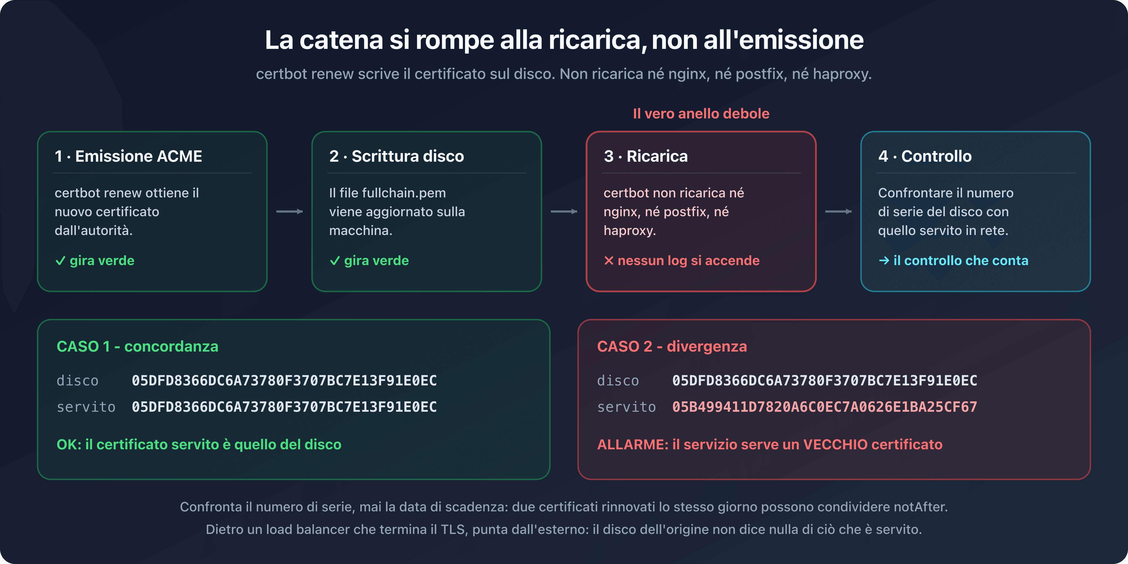 Catena di rinnovo di un certificato SSL/TLS, dall'emissione alla scrittura su disco e poi alla ricarica del servizio, con il controllo del numero di serie realmente servito