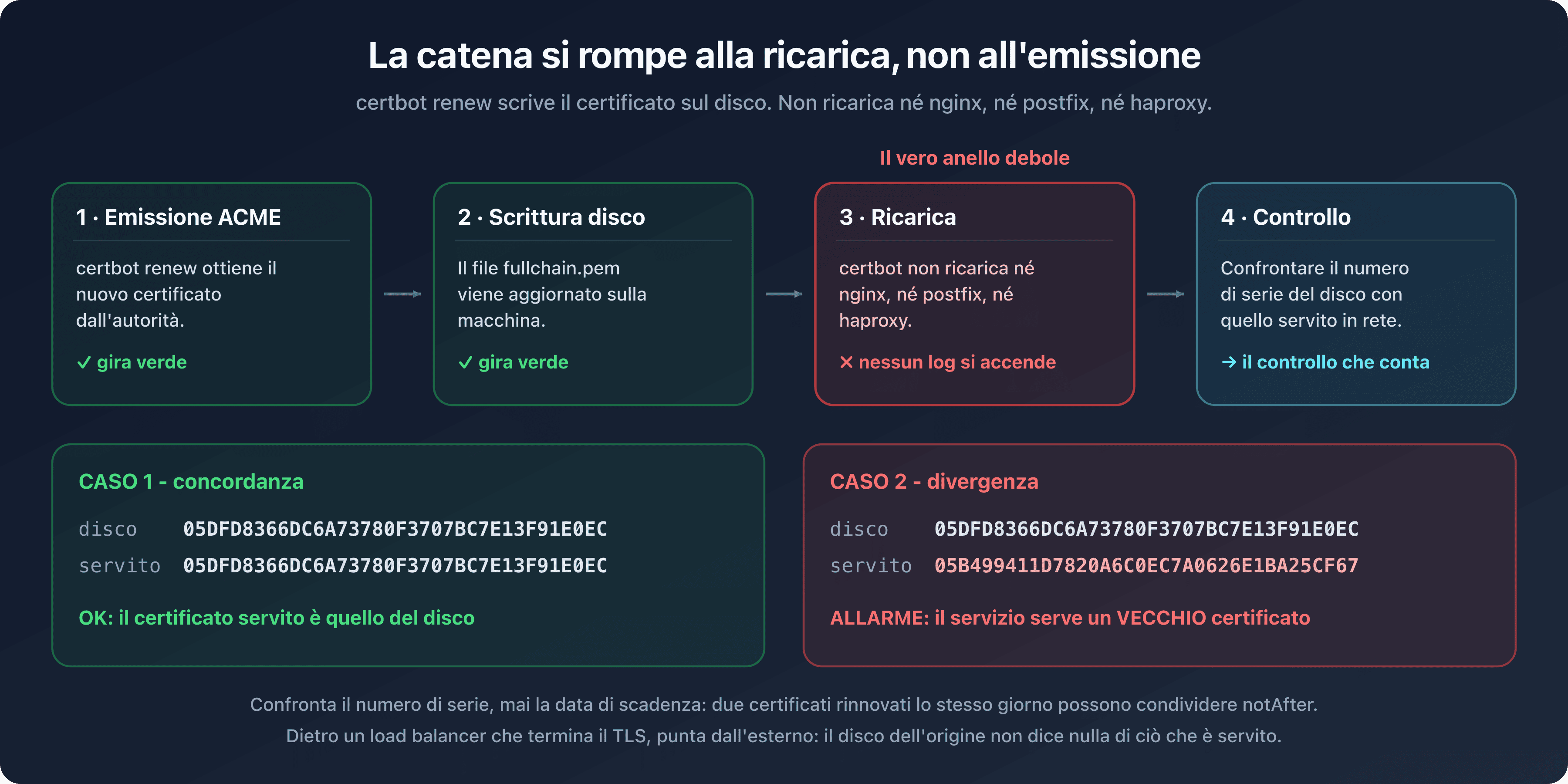 Catena di rinnovo di un certificato SSL/TLS, dall'emissione alla scrittura su disco e poi alla ricarica del servizio, con il controllo del numero di serie realmente servito