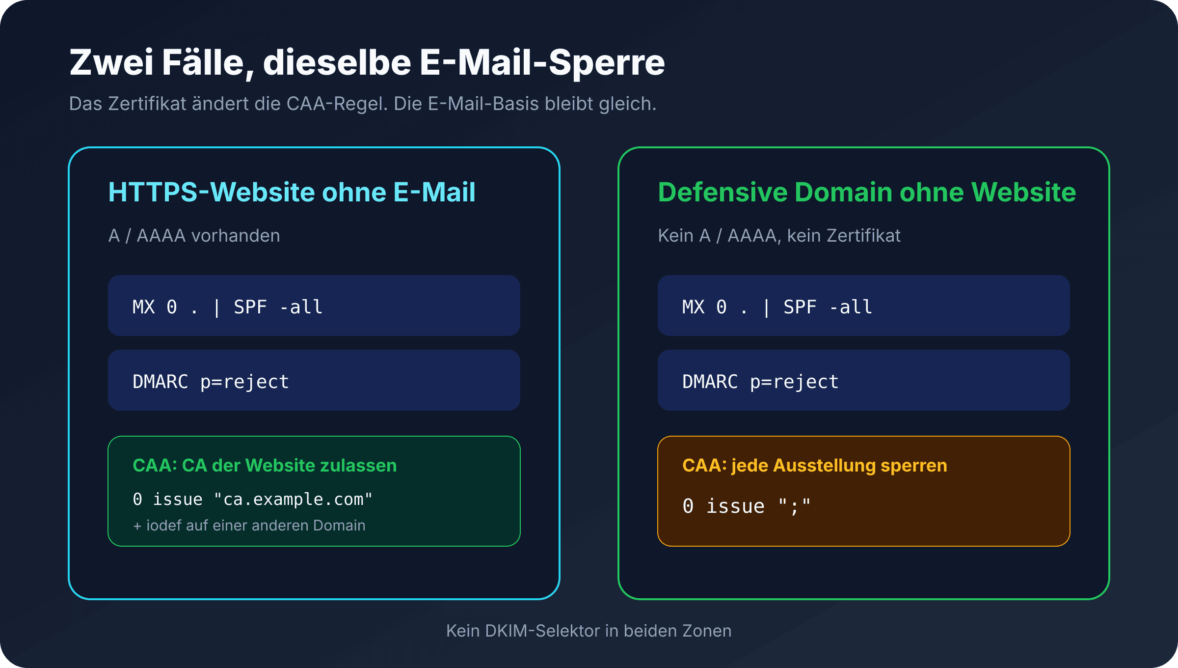 Vergleich der Zone einer Website ohne E-Mail mit einer defensiven Domain ohne Website