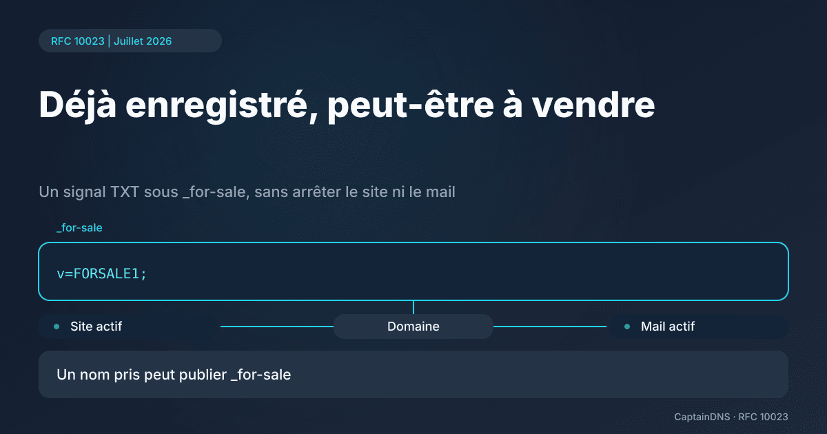 Schéma d'un domaine avec un site et un mail actifs, associé au nœud DNS _for-sale et à un TXT v=FORSALE1;