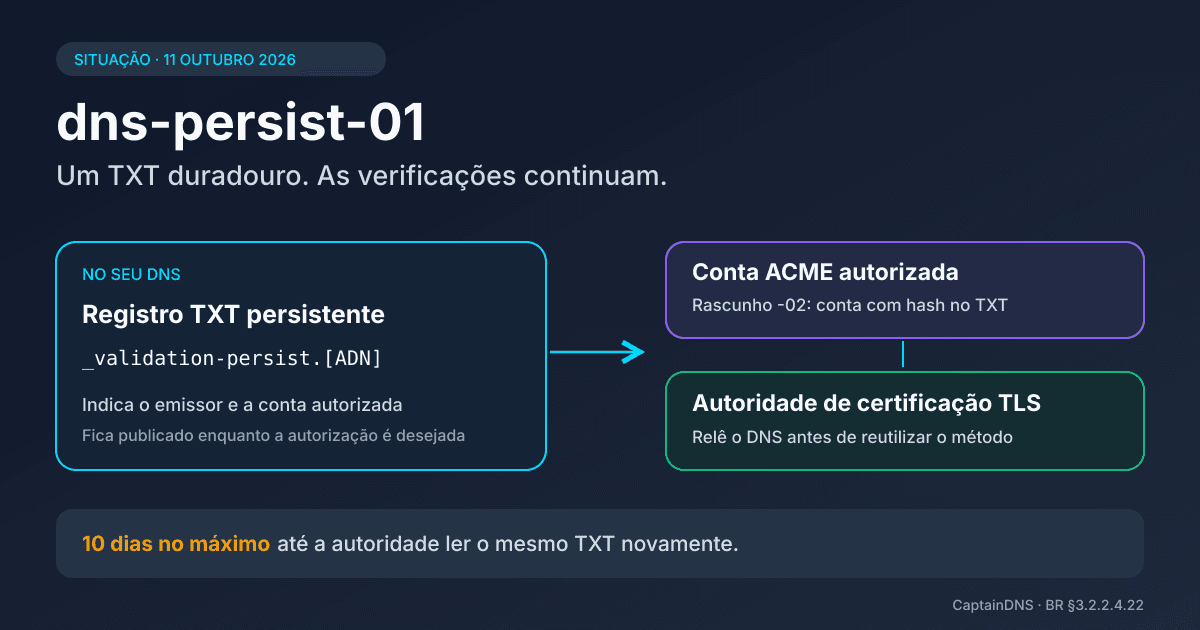 Diagrama de validação DNS persistente conectando um registro TXT, uma conta ACME e uma autoridade certificadora TLS