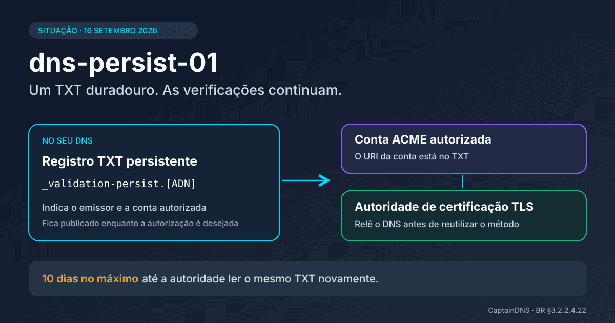 Diagrama de validação DNS persistente conectando um registro TXT, uma conta ACME e uma autoridade certificadora TLS
