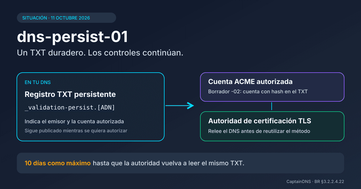 Diagrama de validación DNS persistente que conecta un registro TXT, una cuenta ACME y una autoridad de certificación TLS