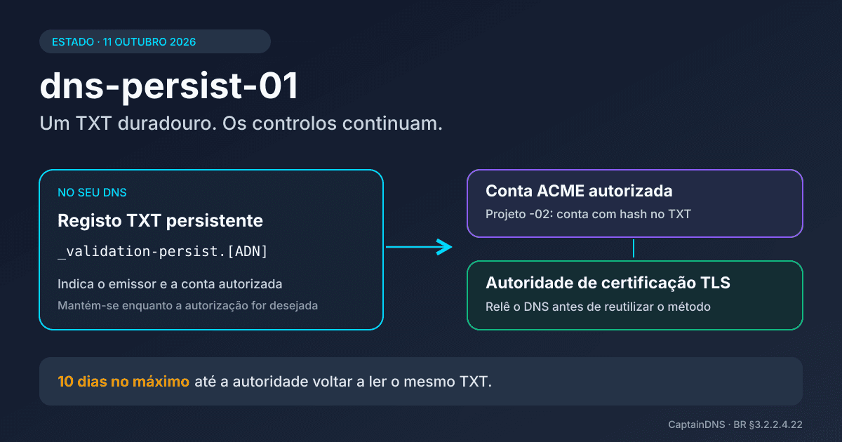 Esquema de validação DNS persistente que liga um registo TXT, uma conta ACME e uma autoridade de certificação TLS