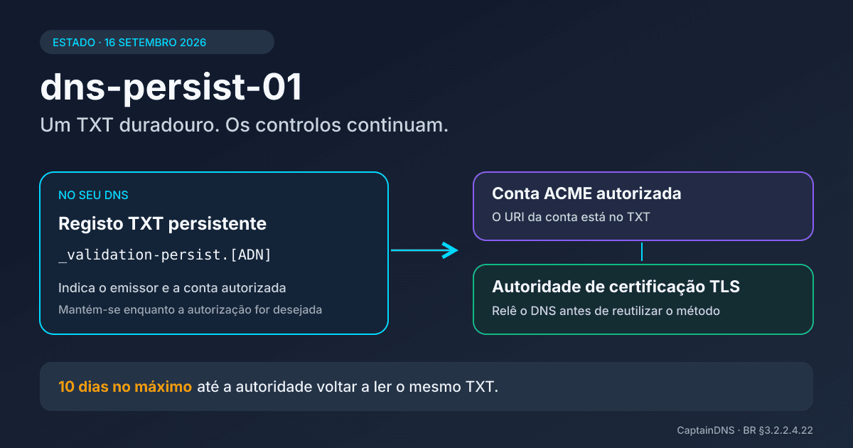 Esquema de validação DNS persistente que liga um registo TXT, uma conta ACME e uma autoridade de certificação TLS