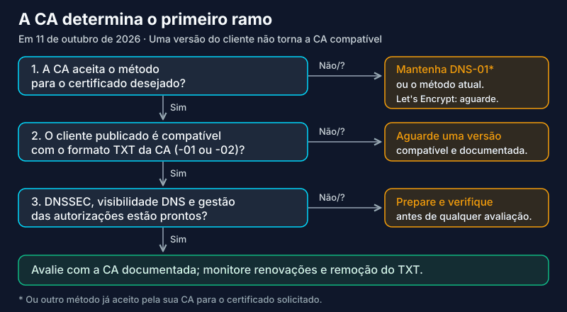 Árvore de decisão dns-persist-01: aceitação pela CA, cliente compatível, DNS pronto e depois avaliação; caso contrário, esperar ou manter um método aceito