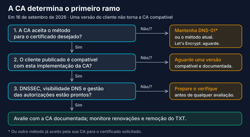Árvore de decisão dns-persist-01: aceitação pela CA, cliente compatível, DNS pronto e depois avaliação; caso contrário, esperar ou manter um método aceito