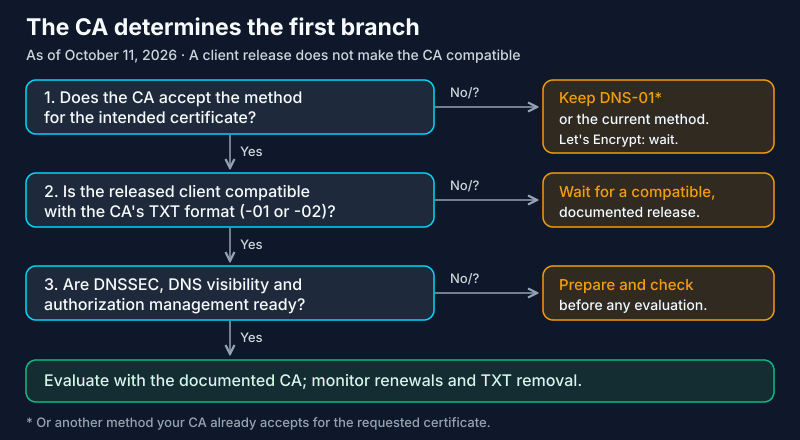 dns-persist-01 decision tree: CA acceptance, compatible client, ready DNS, then evaluation; otherwise wait or keep an accepted method