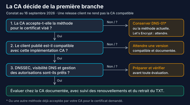 Arbre de décision dns-persist-01 : acceptation par la CA, client compatible, DNS prêt, puis évaluation ; sinon attendre ou conserver une méthode acceptée
