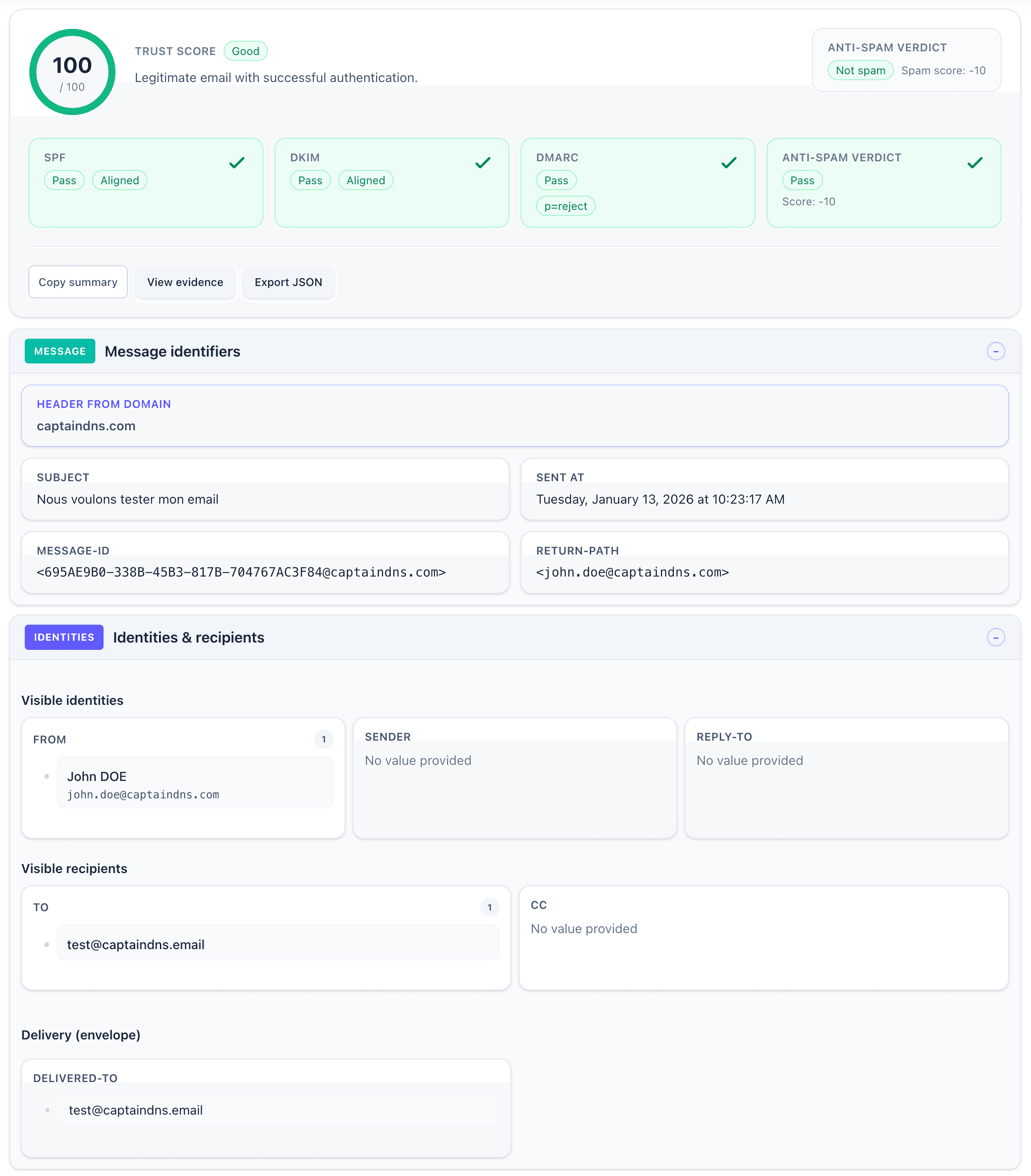 Screenshot dell'analizzatore di intestazioni email di CaptainDNS