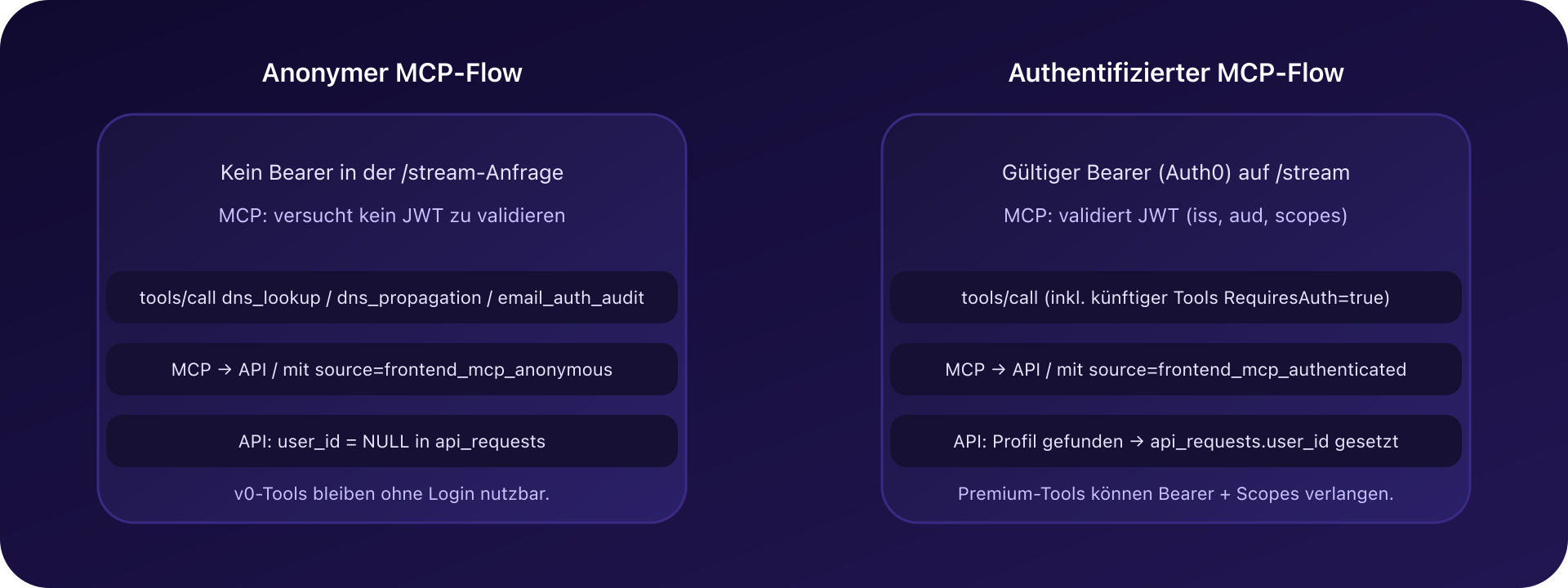 Anonymer vs. authentifizierter Flow im CaptainDNS-MCP