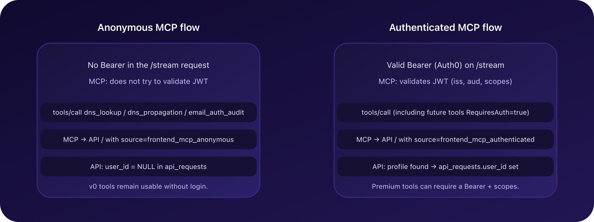 Anonymous vs authenticated flow for CaptainDNS MCP