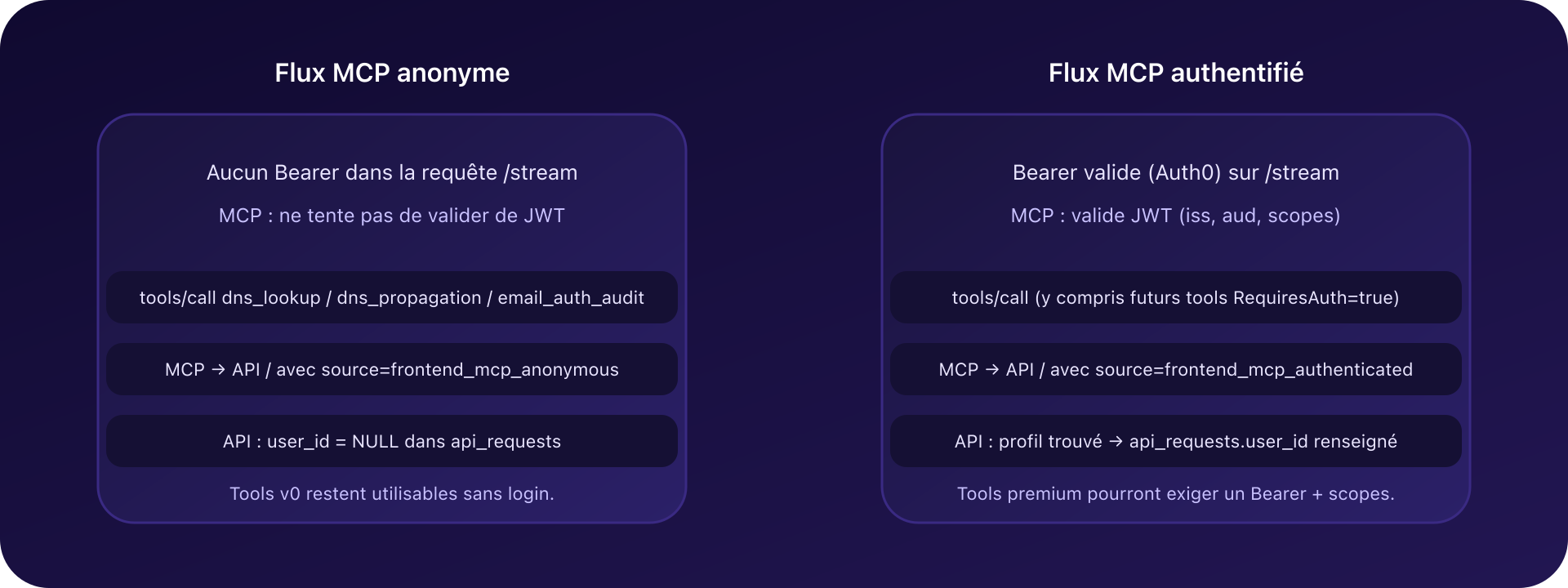 Flux anonyme vs authentifié côté MCP CaptainDNS