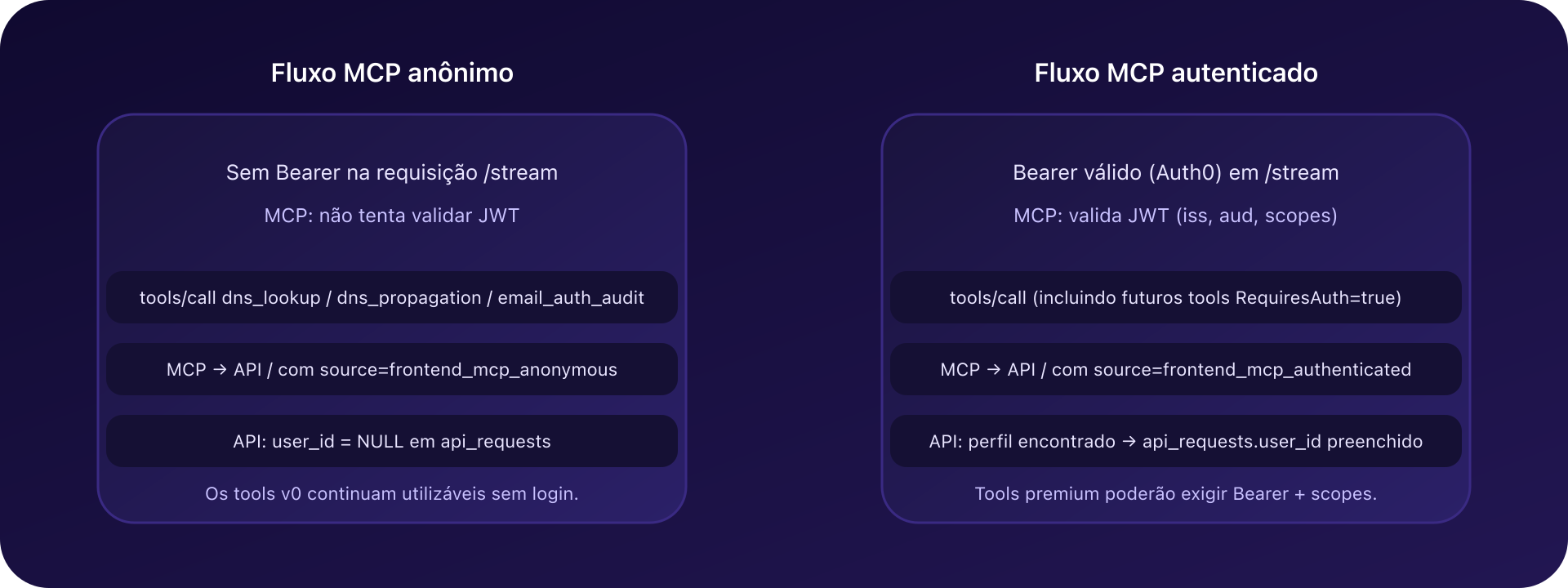 Fluxo anônimo vs autenticado no MCP CaptainDNS