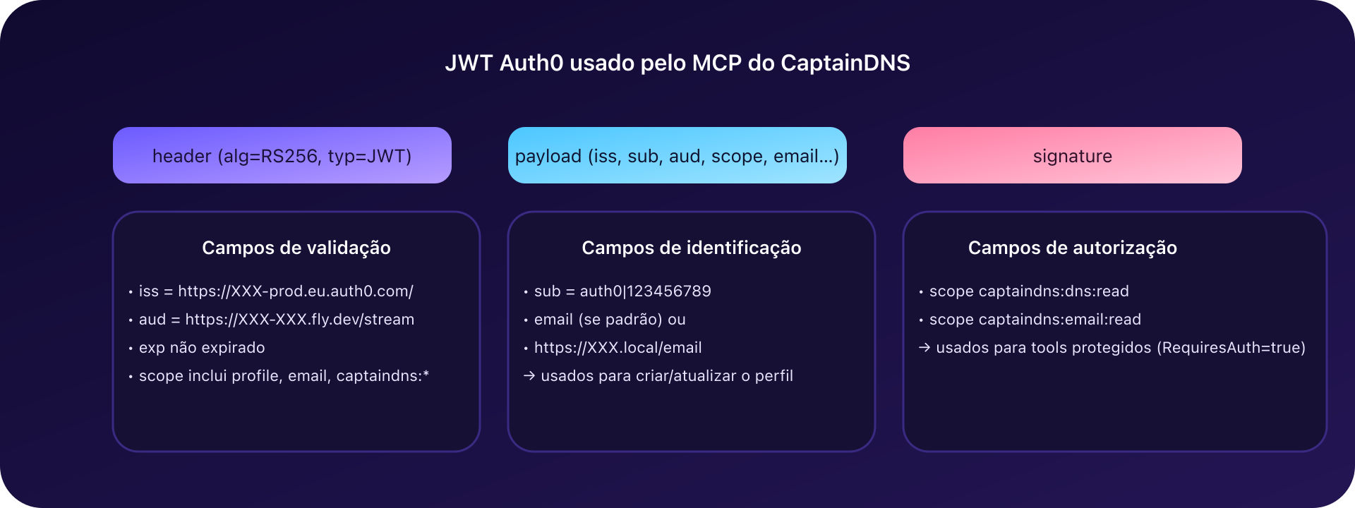 Estrutura de um JWT Auth0 para o MCP CaptainDNS